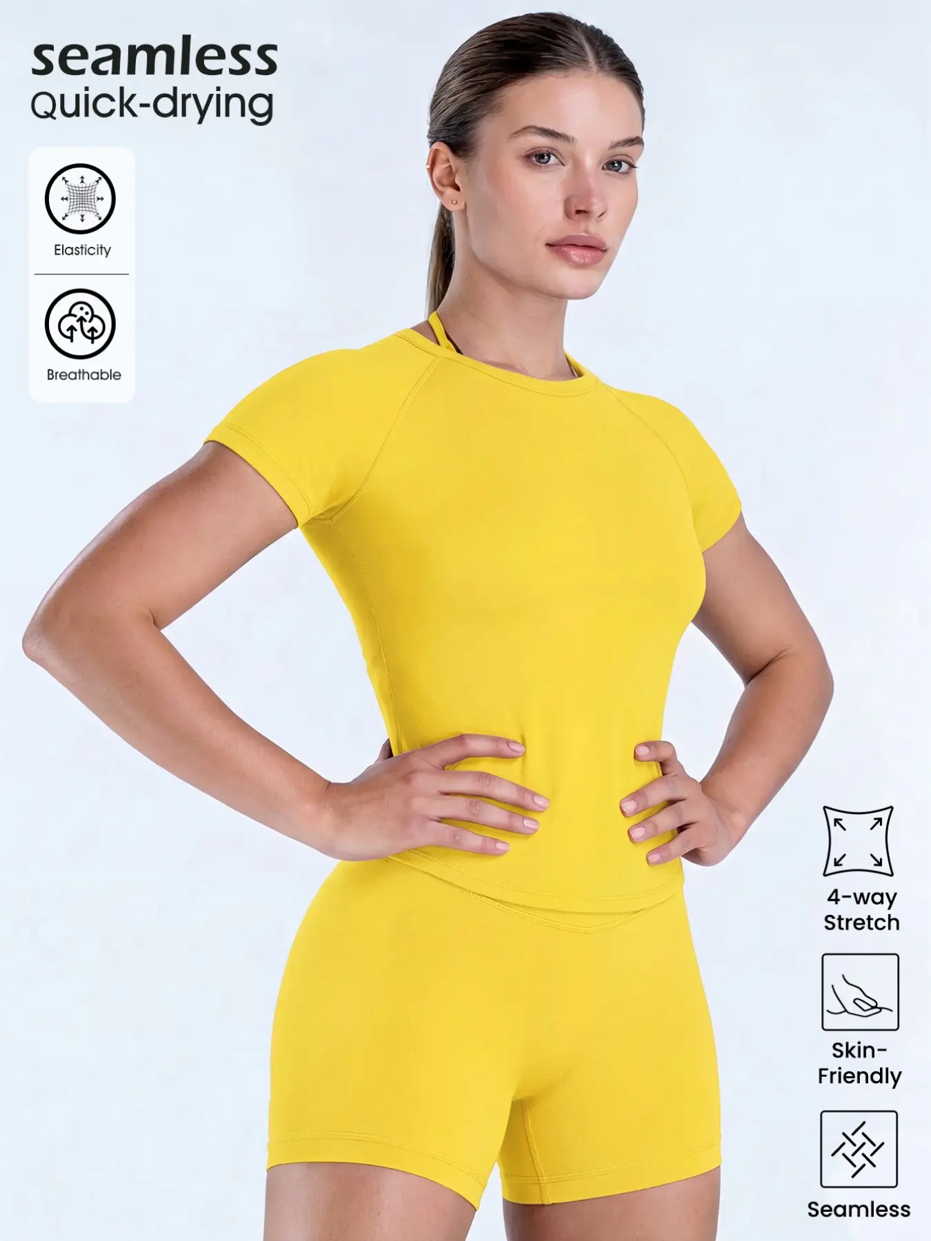 Women's New Nylon High Stretch Moisture Wicking Seamless Short Sleeve Fitness T-Shirt, Butt Coverage Long Sleeves