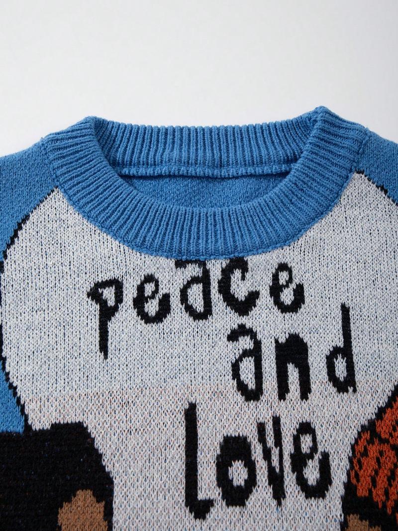 Men's New Casual Loose Fit Knitted Sweater, Spring Autumn Winter Long Sleeve Round Neck Pullover, Vintage Street Style Letter Print