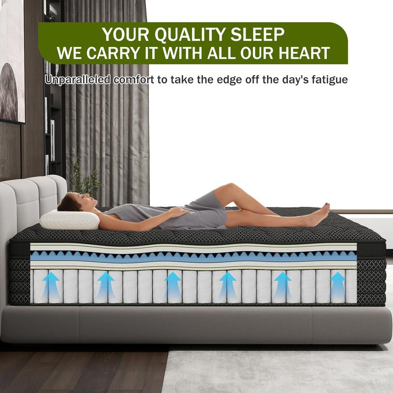 BOMASS 12" 14" Mattress Twin Full Queen King Hybrid Gel Memory Foam Individual Pocket Spring Black Mattresses Medium Firm Back support Bed in a box