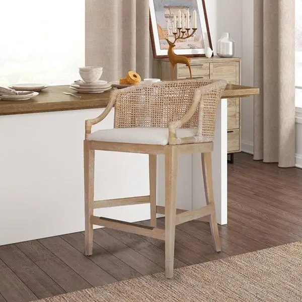 ARCH Handcrafted Rattan Counter Stool 25" H Natural Woven Barstool with Footrest, Boho Kitchen Island Bar Stool, Coastal Dining Counter Height Chair, Indoor Bar Seating for Home Bar, Kitchen Counter, Pub Table, 1 Piece, Home Furniture and Household