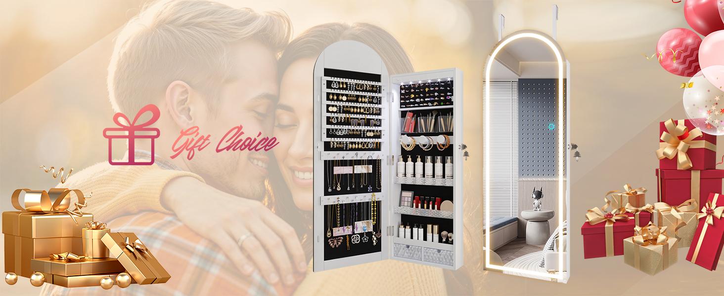 VlsrkaArched Lighted Mirror Jewelry Cabinet, Wall/Door Mount Jewelry Armoire Organizer with Lights, Full Length Mirror with Jewelry Storage, Over the Door Hanging Jewelry Cabinet