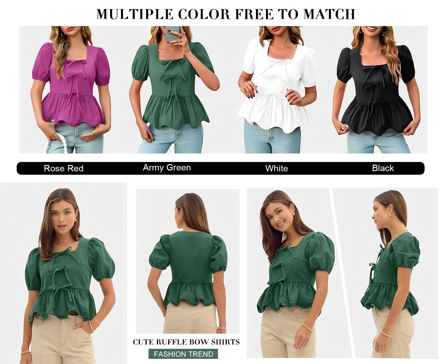 Tankaneo Women's Summer Peplum Babydoll Tops Square Neck Short Puff Sleeve Blouses Ruffle Cute Bow Shirts