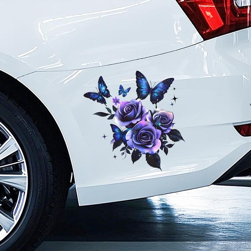 1pc Dark Rose & Butterfly Car Decorative Sticker, Glossy Self-Adhesive Vinyl, Durable Plant Floral Theme, Easy Installation, Best Gift