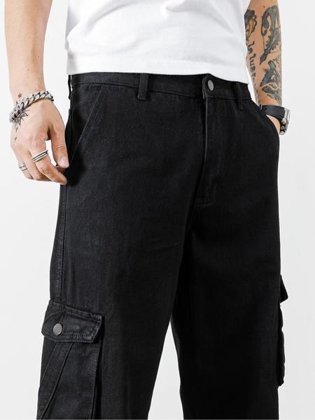 Men's Solid Flap Pocket Cargo Jeans, Loose Casual Street Fashion Denim Pants for Daily Wear, Plain Denim Trousers, Men's Trousers for All Seasons