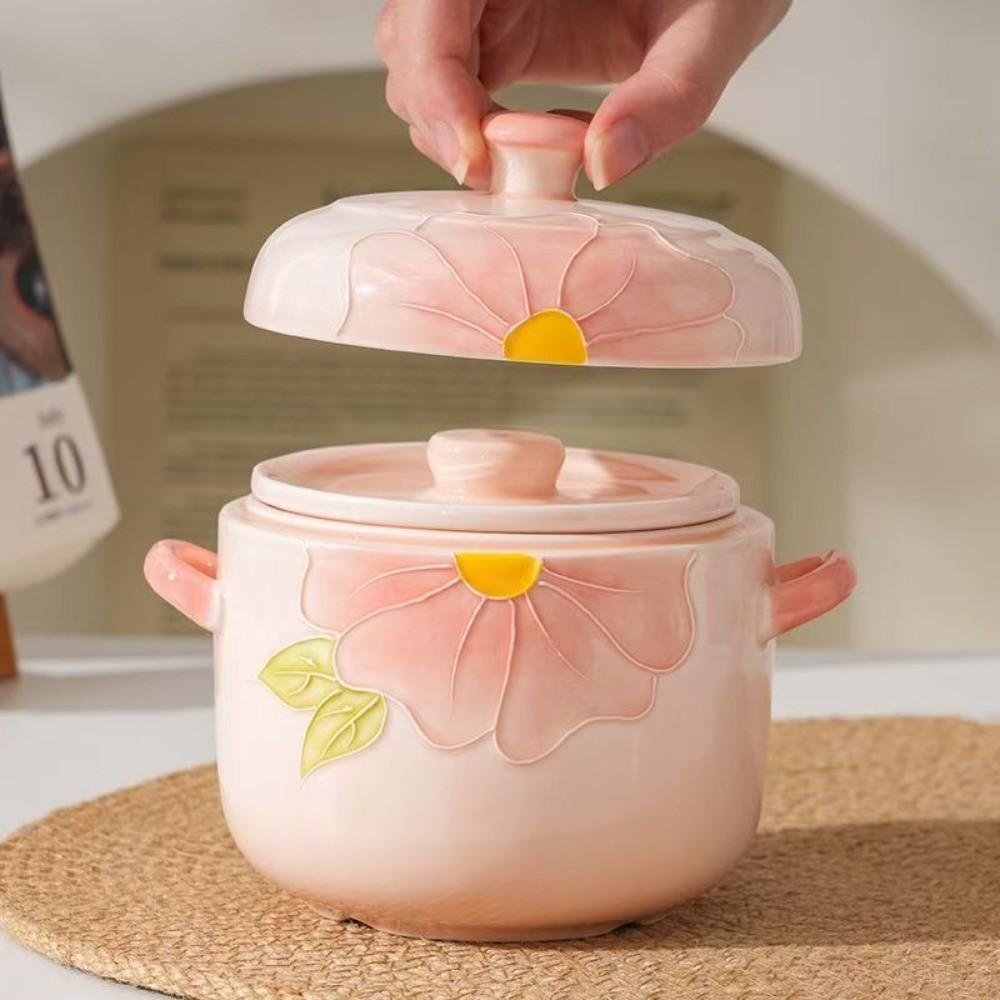 Cherry Blossom Pattern Ceramic Covered Steamer Pot, Food Steamer, 600ML Capacity, Elegant Dual Lid Soup Bowl, Ideal Gift for Kitchen and Restaurants