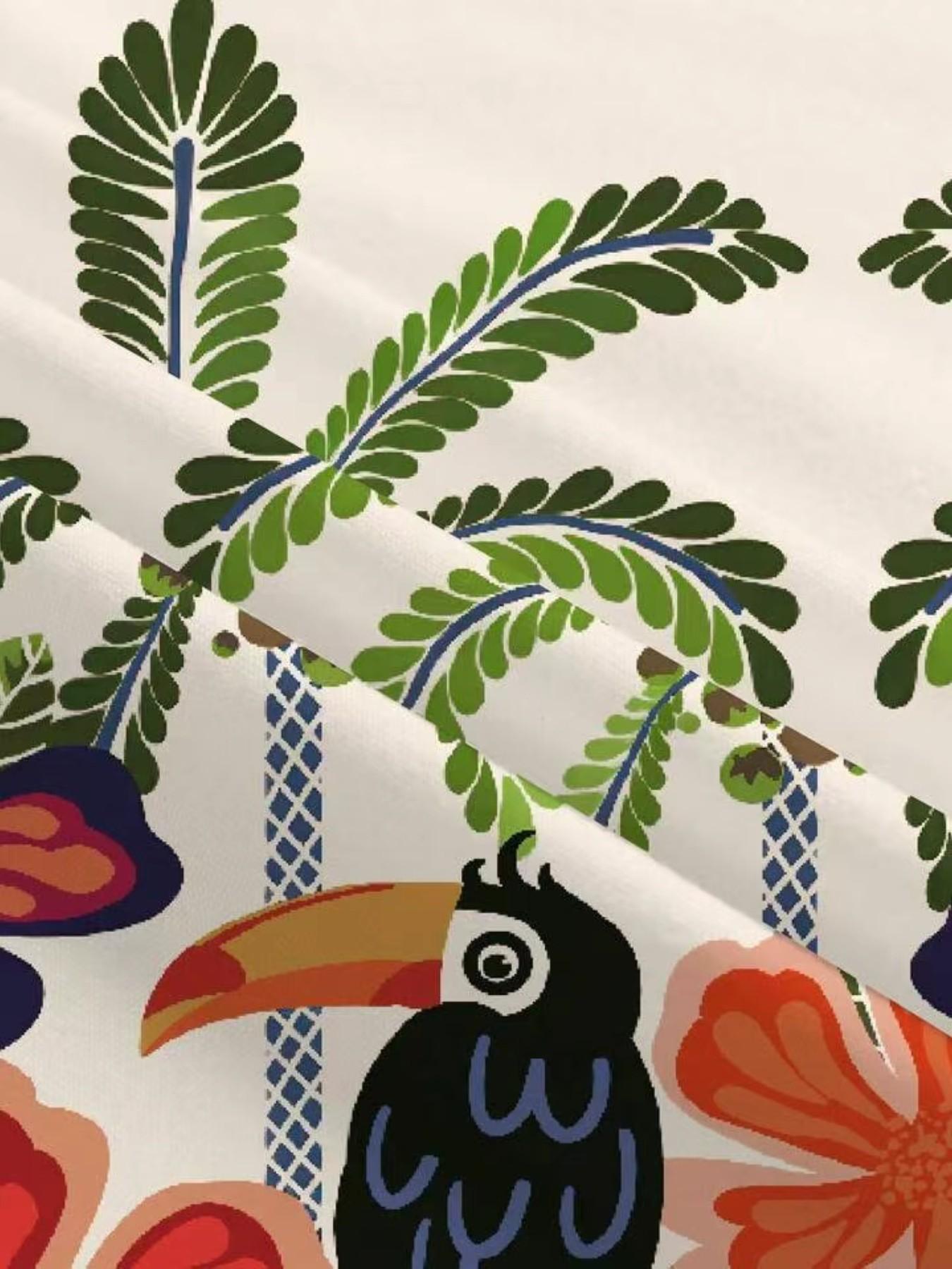Summer Mini Dress for Women, Tropical Bird Palm Print, Geometric Floral Border, Contrast U-Neck Backless, Casual Vacation Style