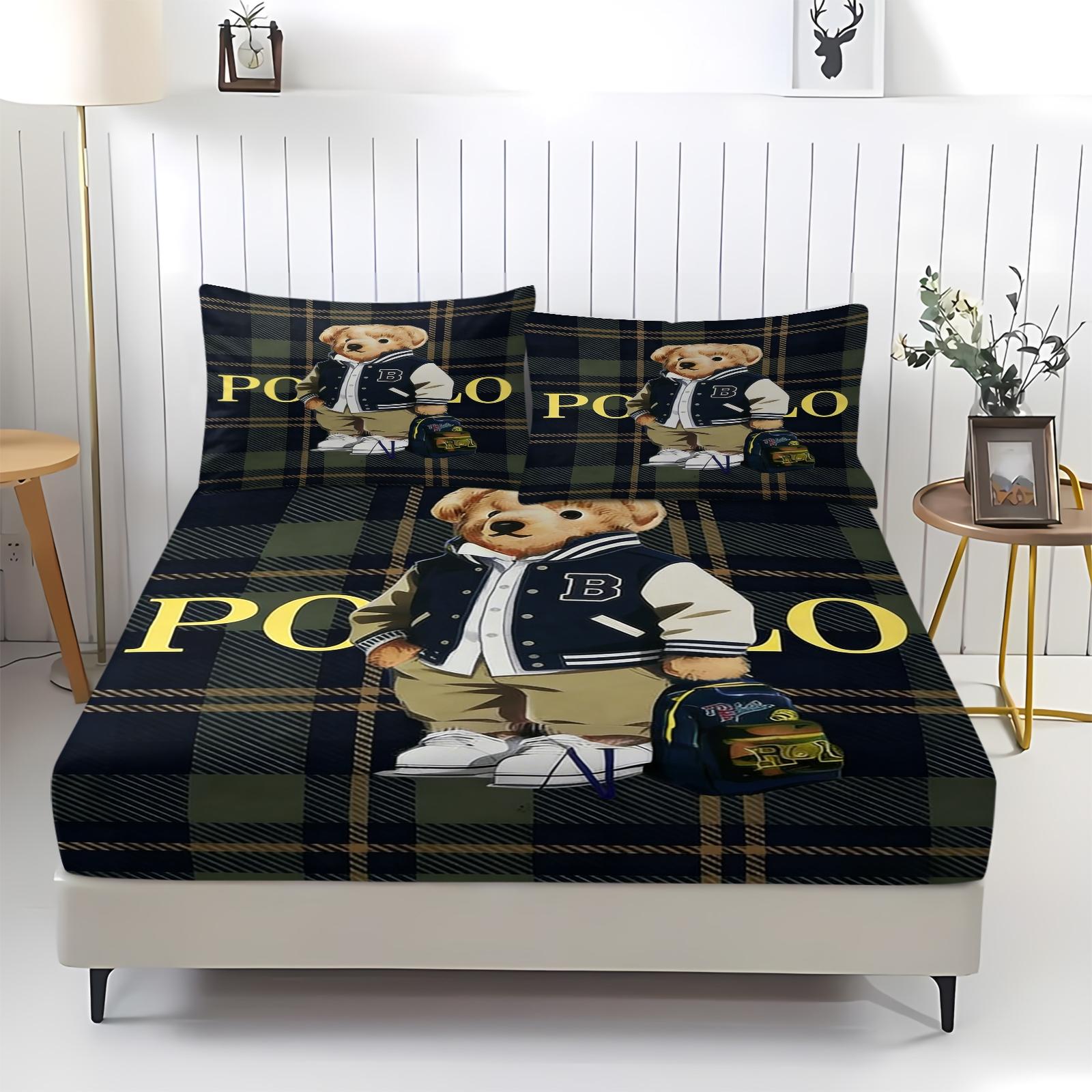 Teddy Bear Pattern Bed Sheet, Comfortable Printed Pattern, Includes 1 Bed Sheet and 2 Pillowcases, Comfortable Bedding, Non slip Dust Cover Suitable for Bedroom and Guest Room, Suitable as a Gift for Children or Adults
