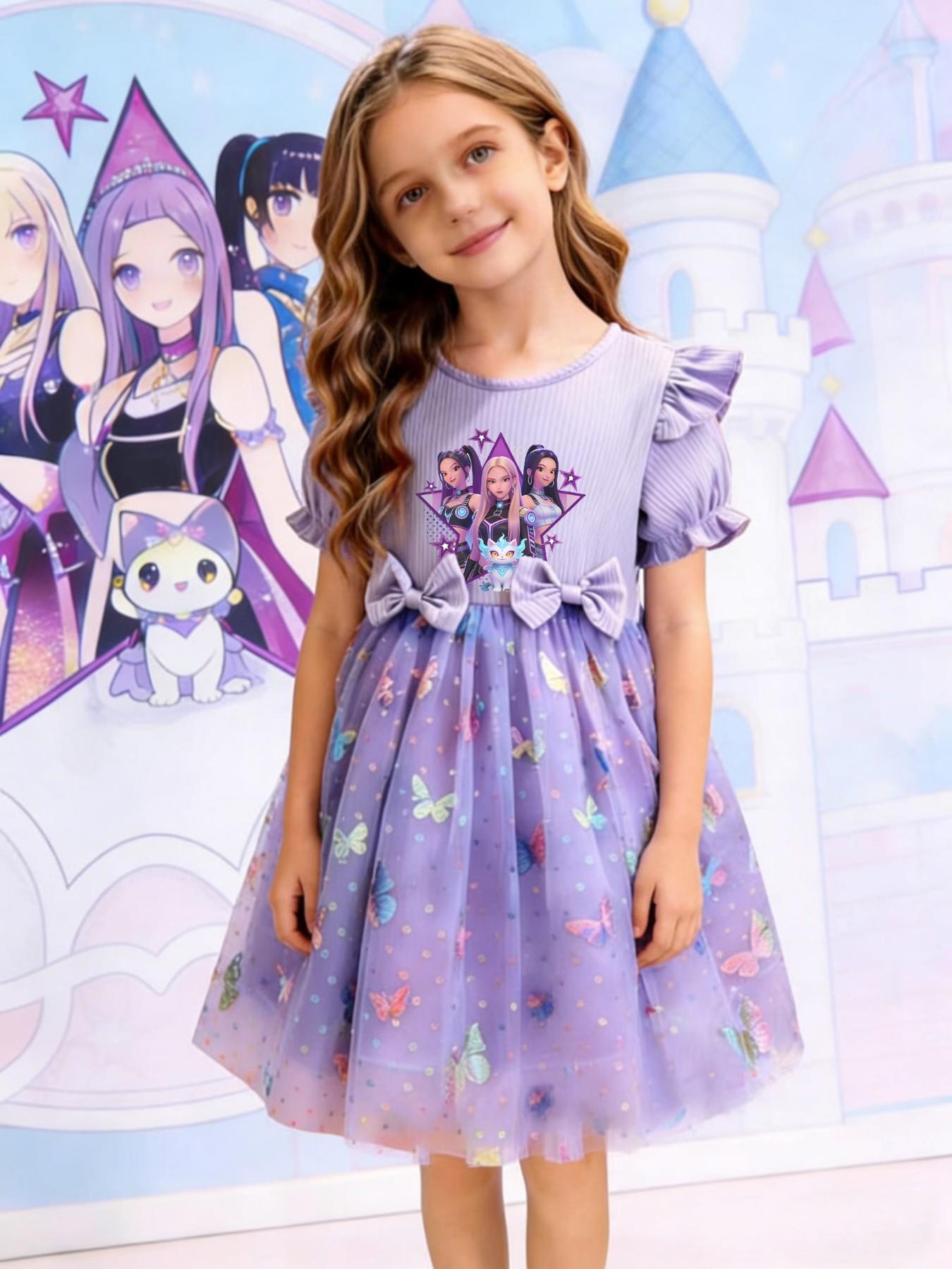 Princess Party Dance Dress, Butterfly Mesh Skirt, Dreamy Elegant Design, K-Pop Girl Group Print, Perfect for Camping Travel Parties