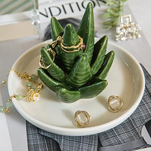 Aloe Ring Holder Dish, Ceramic Jewelry Tray Trinket Dish for Necklace Keychain Organizer, Cute Funny Birthday Wedding Mothers Day Gift for Women Friends Girls