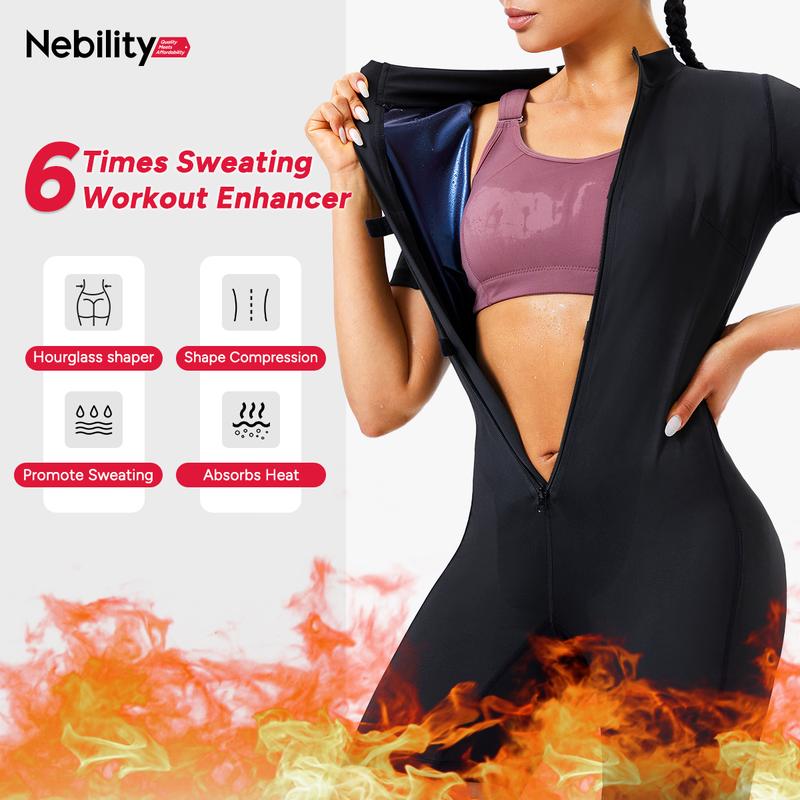 Nebility Women's Coated Athletic Zipper Workout Sweat Sauna Jumpsuit Stylish Activewear Workout Apparel Sporty Comfy Jumpsuit Tummy Control Jumpsuit Sauna Sports Jumpsuit Sports Outfits Stylish Activewear