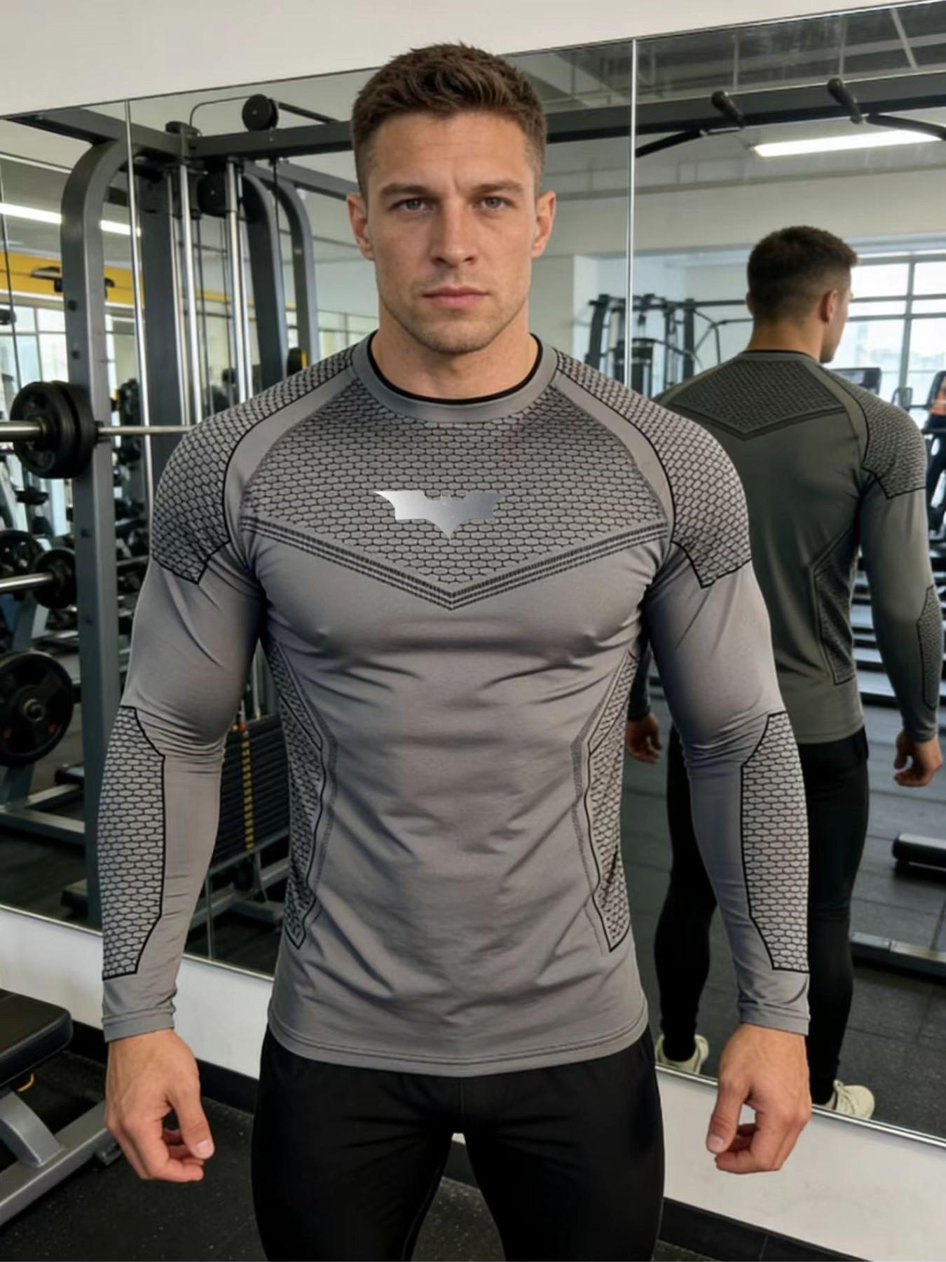 Men's Batman Sports Long Sleeve High Stretch Quick-Dry Fitness Tight Fit Running Ironing Essential, Sporty Style, All over Print, High Performance Activewear, Gym Athletic Clothes, Athletic Tops