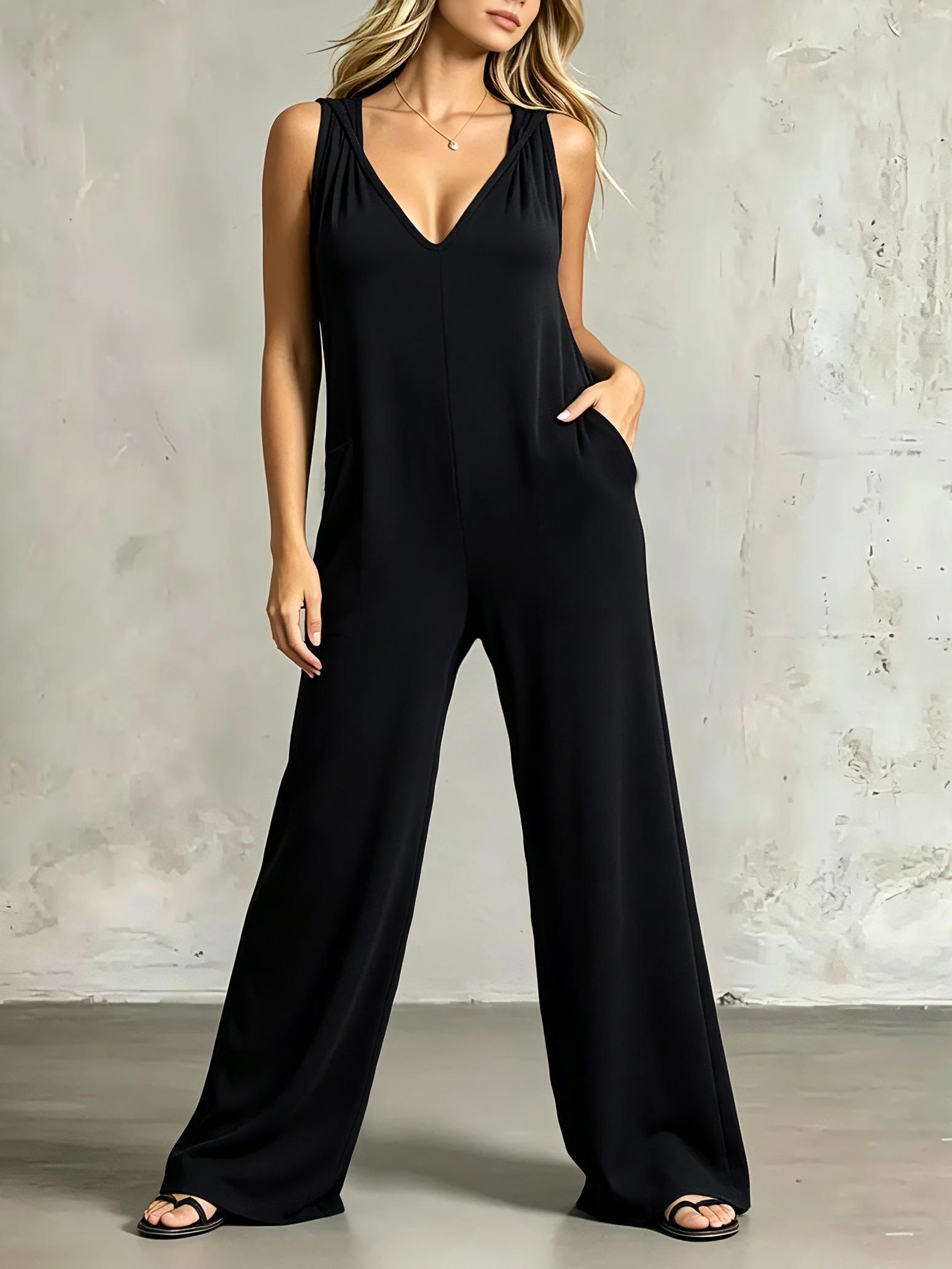 Lazy Style Sleeveless Hooded V-Neck Jumpsuit, Chic Minimalist Lightweight Loose Wide Leg with Pockets, Casual Home Wear, Comfortable and Stylish