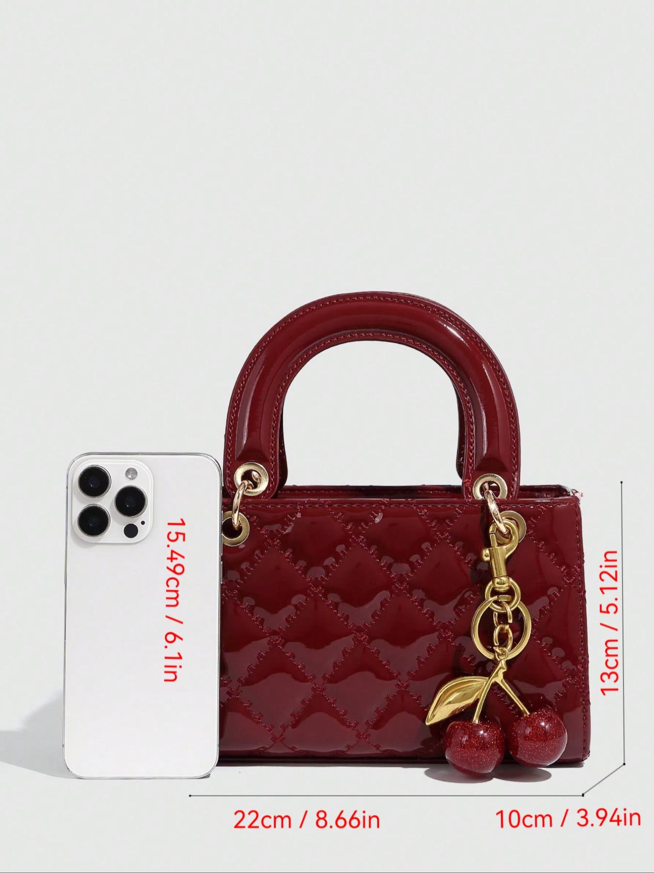Fashion Cherry Pendant PU Handbag, Women's Small Square Bag, New Quilted Shoulder Bag, Versatile Crossbody Bag, Elegant Handbag