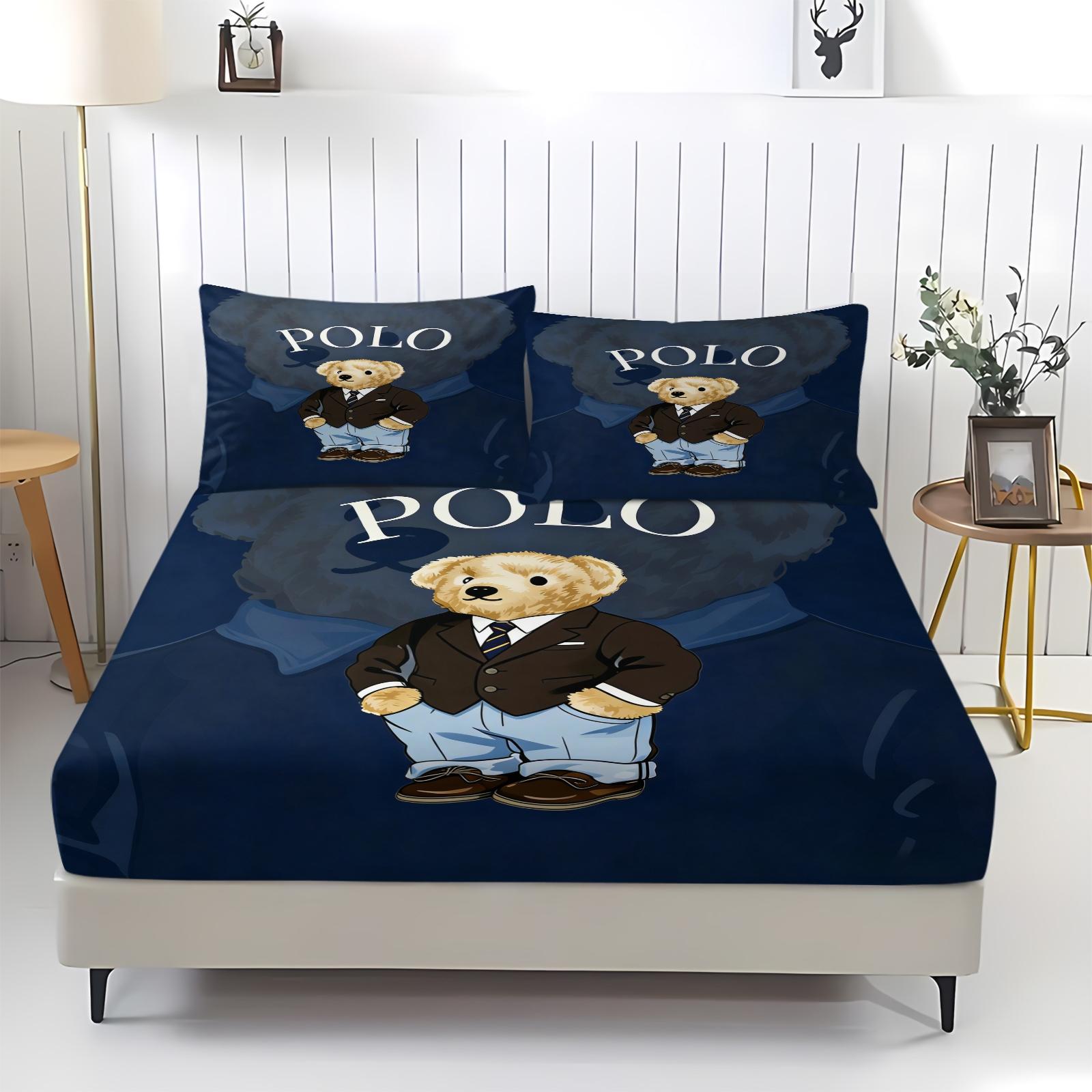 Teddy Bear Pattern Bed Sheet, Comfortable Printed Pattern, Includes 1 Bed Sheet and 2 Pillowcases, Comfortable Bedding, Non slip Dust Cover Suitable for Bedroom and Guest Room, Suitable as a Gift for Children or Adults