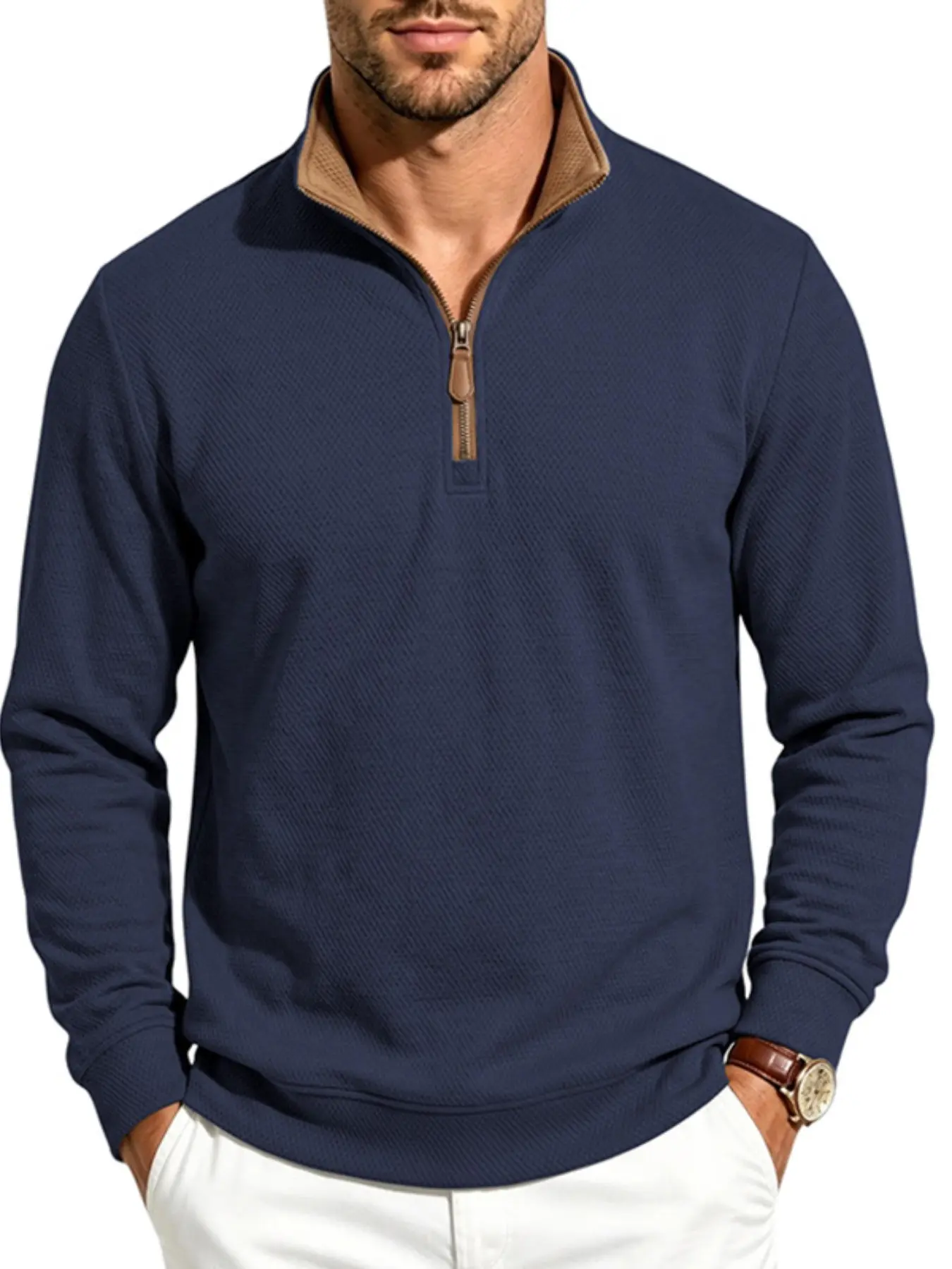 Men's Fleece Lined Waffle Texture Quarter Zip Sweatshirt, Casual Comfy Pullover, Stand Collar Long Sleeve Top, Warm Soft Fabric for Jogging, Hiking and Outdoor Sports, Autumn & Winter Casual Wear