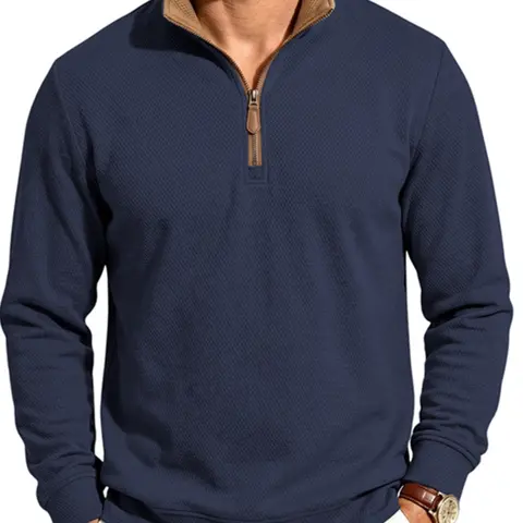 Men's Fleece Lined Waffle Texture Quarter Zip Sweatshirt, Casual Comfy Pullover, Stand Collar Long Sleeve Top, Warm Soft Fabric for Jogging, Hiking and Outdoor Sports, Autumn & Winter Casual Wear