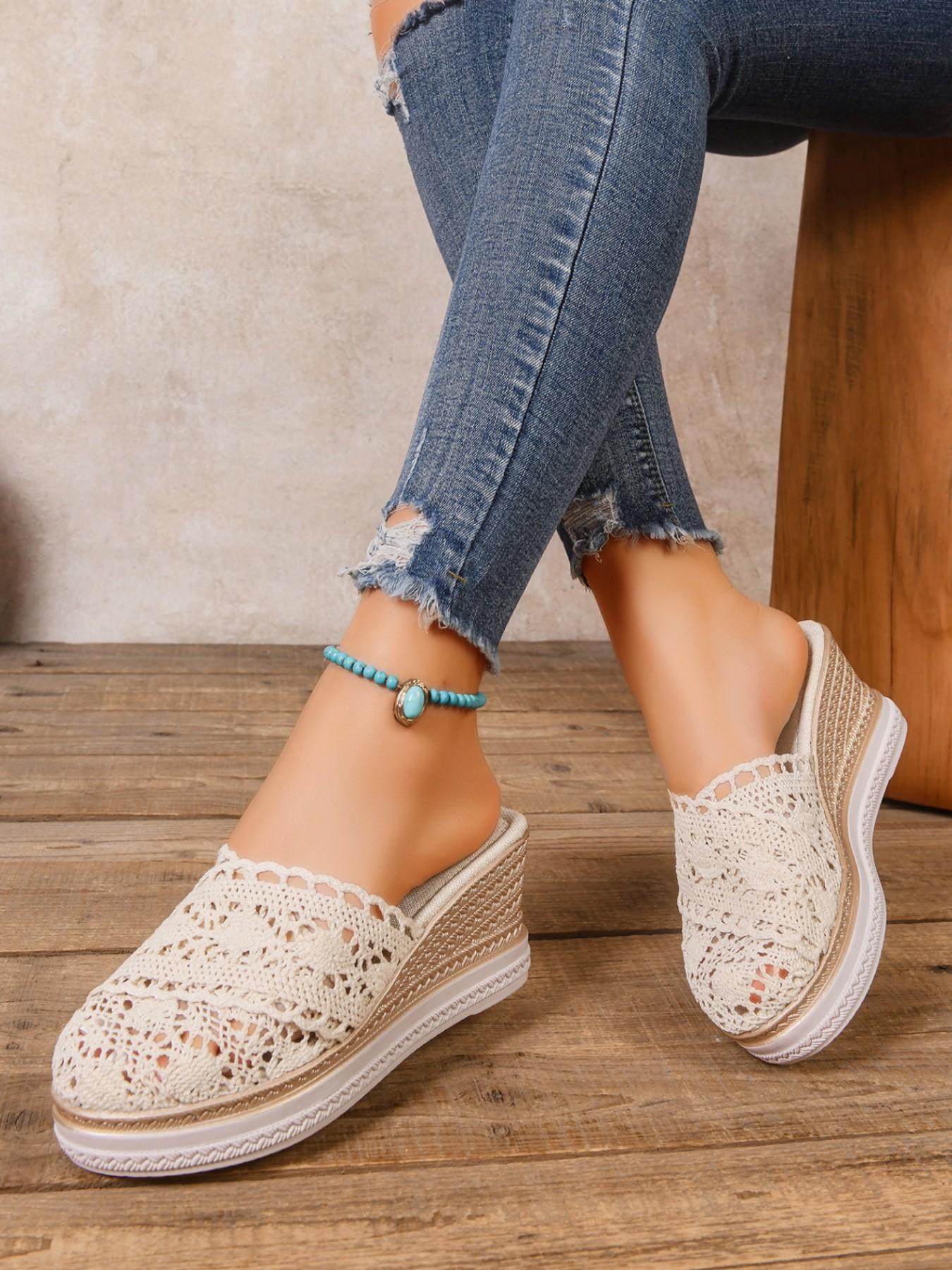 Women's Hollow Out Crochet Wedge Mules, Summer Straw Thick Sole Slip-On Sandals, Height-Boosting Slimming Outdoor Flip Flops