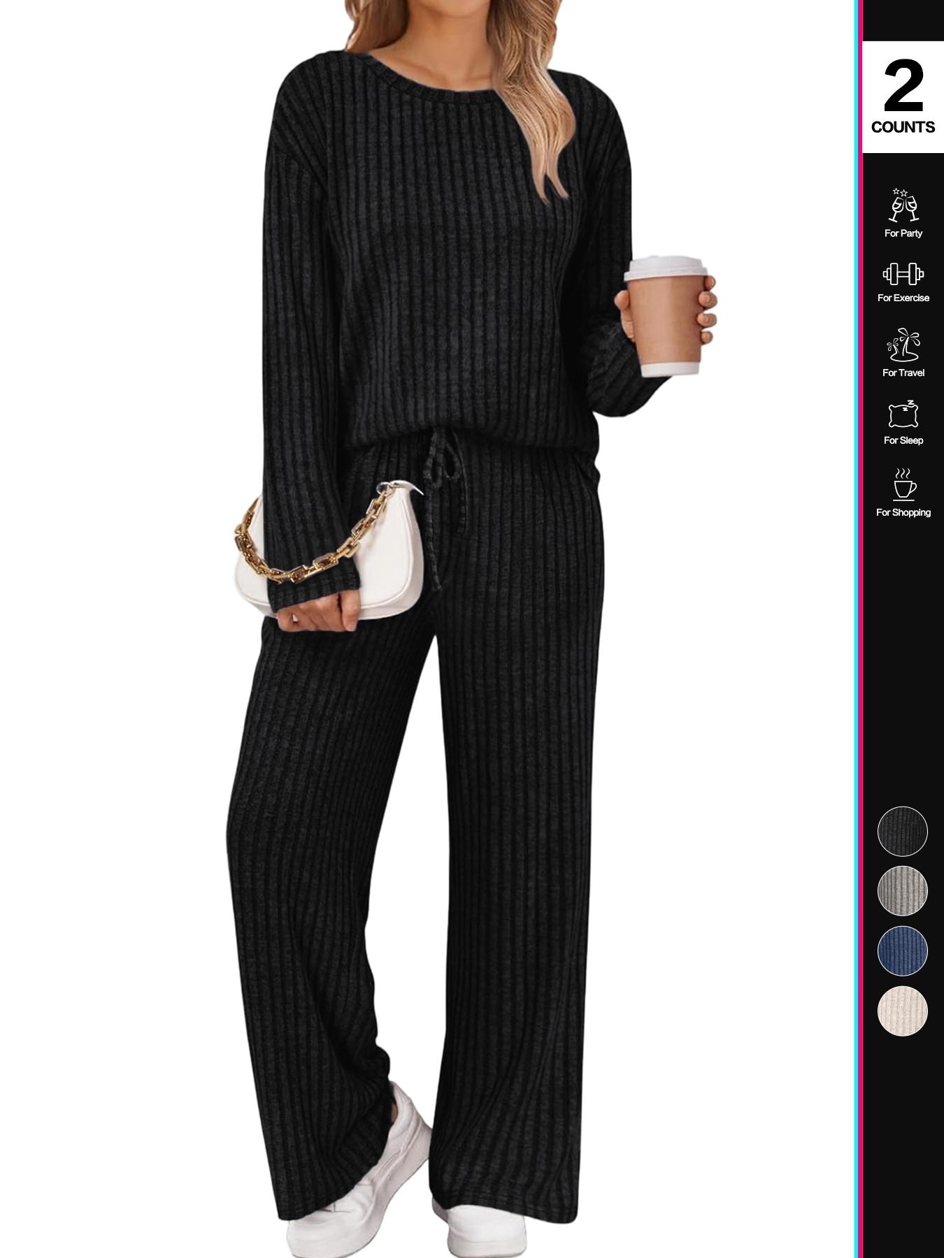 Womens Lounge Sets 2 Piece Matching Pajamas Fall Fashion 2025 Ribbed Knit Outfits Long Sleeve Casual Sweatsuits