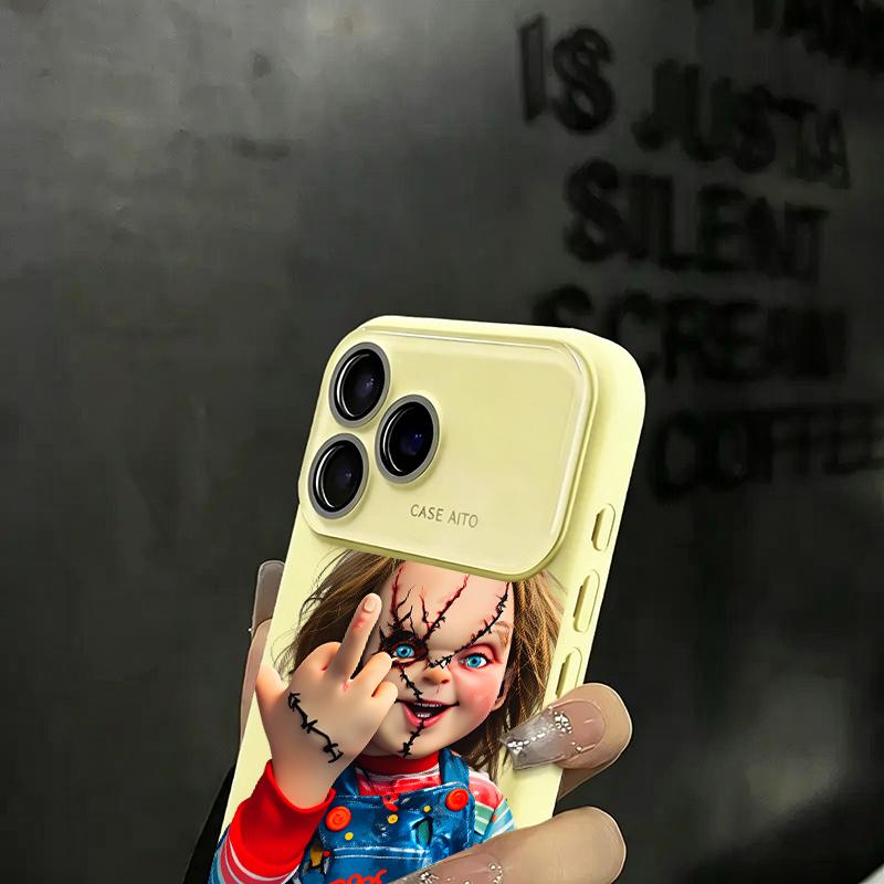 Chucky Creepy Gesture Pattern Liquid Casing for iPhone 17, 16, 15, 14, 13, 12, 11 (Pro, ProMax, Plus) - Large Window, Skin-Touch Border, Shock-Absorbing, Camera Protection for Smartphone, Cellphone, Handheld Devices, Protector