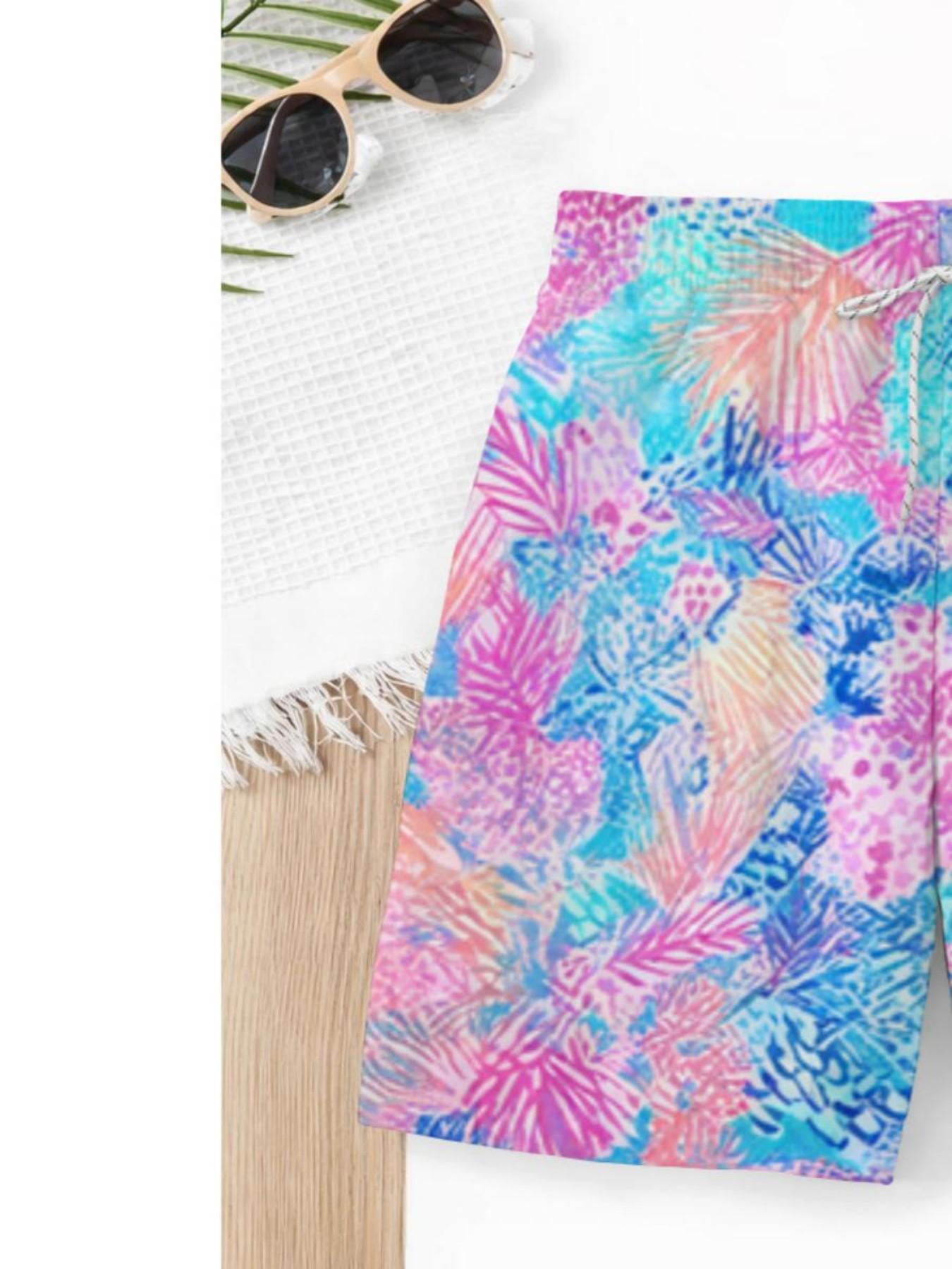 Summer Kids Dreamy Blue Tropical Plant Print Drawstring Beach Pants, Boys Loose Fit Coastal Vacation Swim Shorts, Casual Slim-Fitting Style