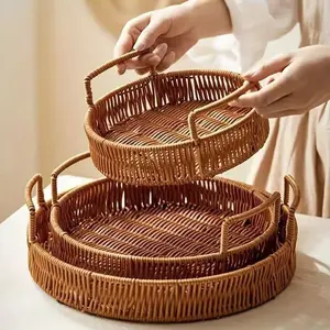 3Pcs Round Woven Serving Tray Set Elegant PP Rattan Style Durable & Lightweight with Handles for Home Kitchen Catering Food Display Summer BBQ Party
