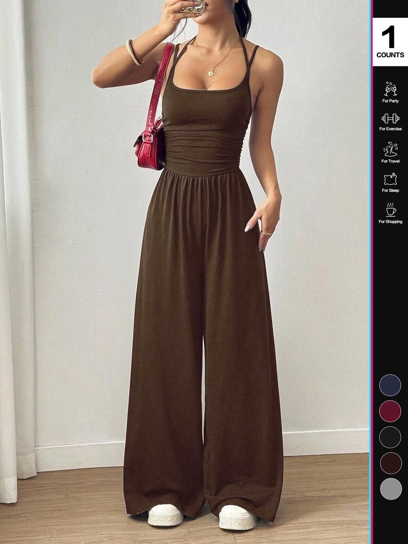 Women's Sexy Backless Jumpsuit, Spaghetti Strap Design, Smocked Bodice, Elegant One-Piece Romper, Ideal for Party Wear