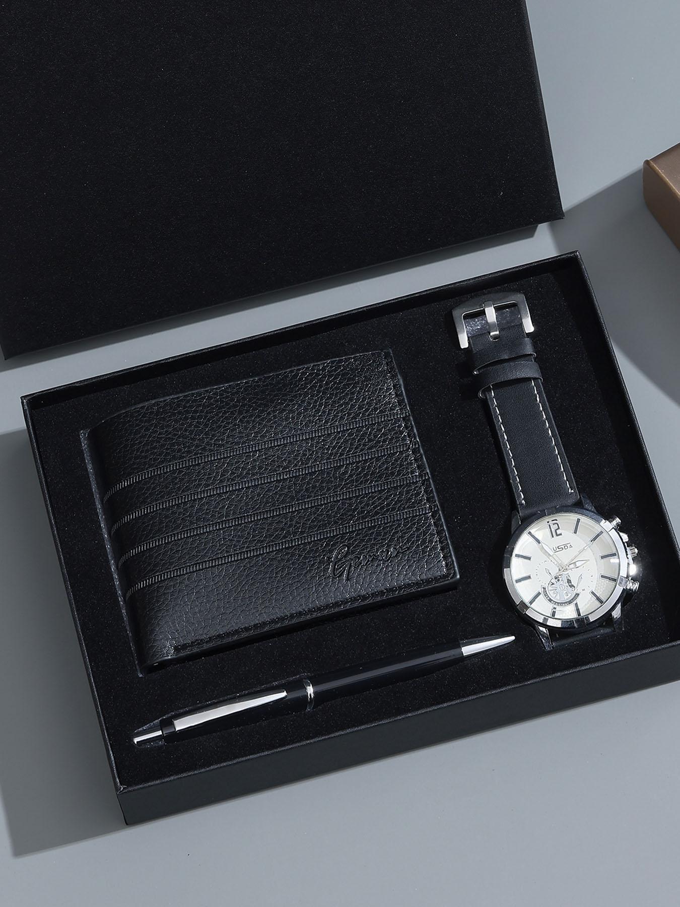 PU leather business men's watch set (wallet + belt + keychain + bracelet + watch + pen + rosary), simple quartz watch set 7pcs/set, exquisite watch gift box, suitable gift box for men