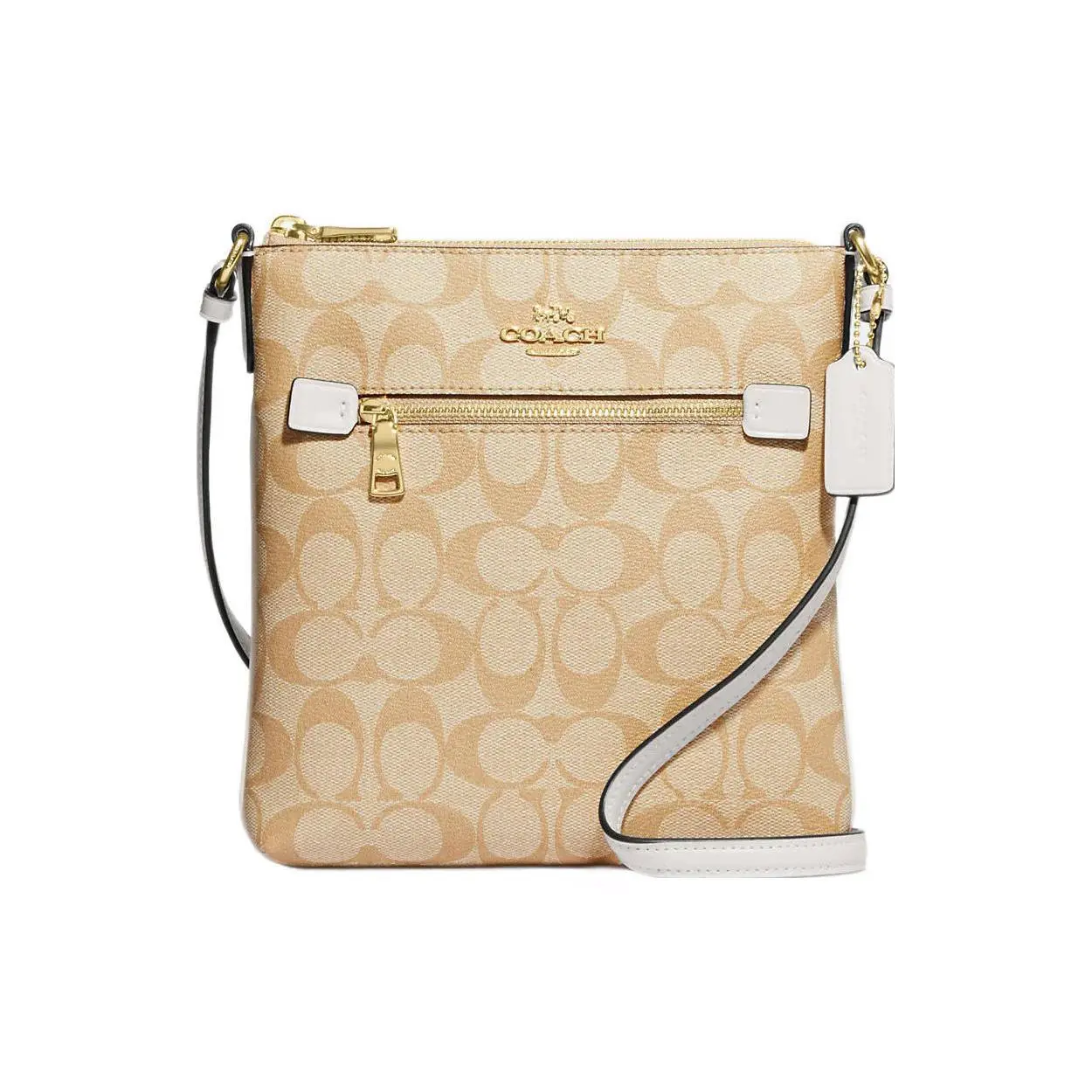 COACH Rowan 21 Mini Crossbody Bag for Women – Classic Monogram Zip-Top Canvas and Smooth Leather, Light Khaki