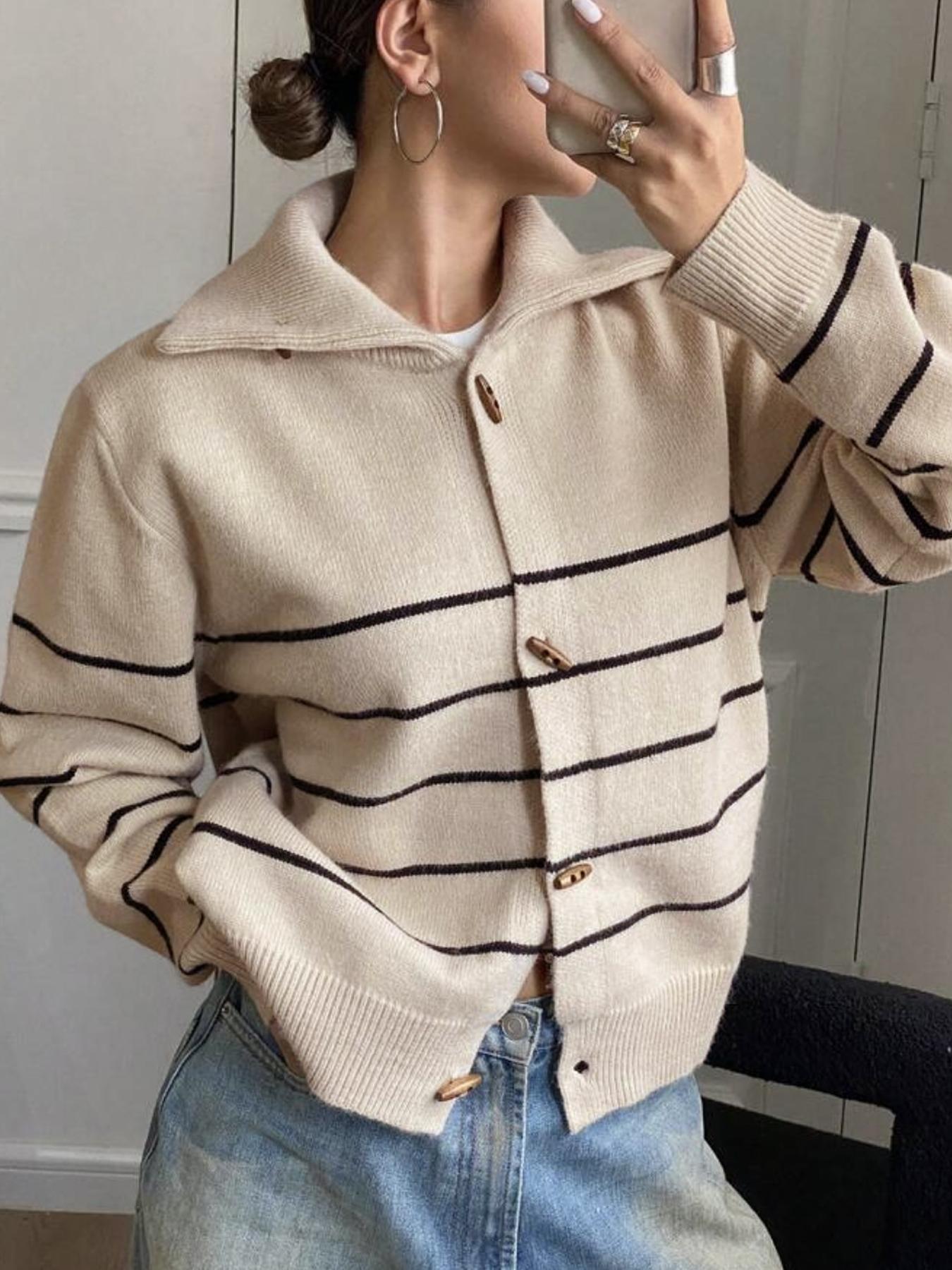 Autumn Winter Striped Button Front Sweater Coat, Fashion Casual Loose Elegant Chic Knitwear Outerwear, Stylish Women's Clothing