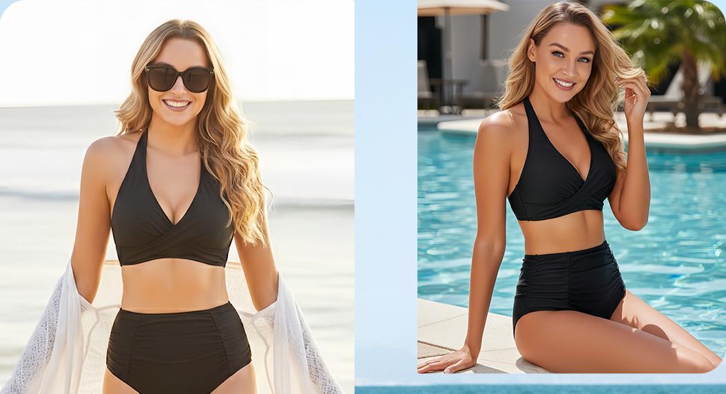 Holipick Women Halter Bikini Top Push Up Bathing Suit Top V Neck Full Coverage Swimsuit Top Only