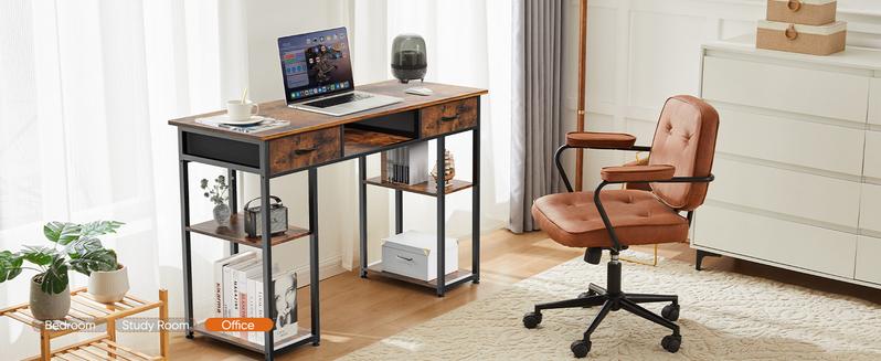 Computer Desk with 2/3 Drawers 32/48 Inch Small Home Office Bedroom Writing Study PC Tabke with Storage Space Fabric Side Bag Headphone Hook Metal Frame Adjustable Feet Modern Simple Style