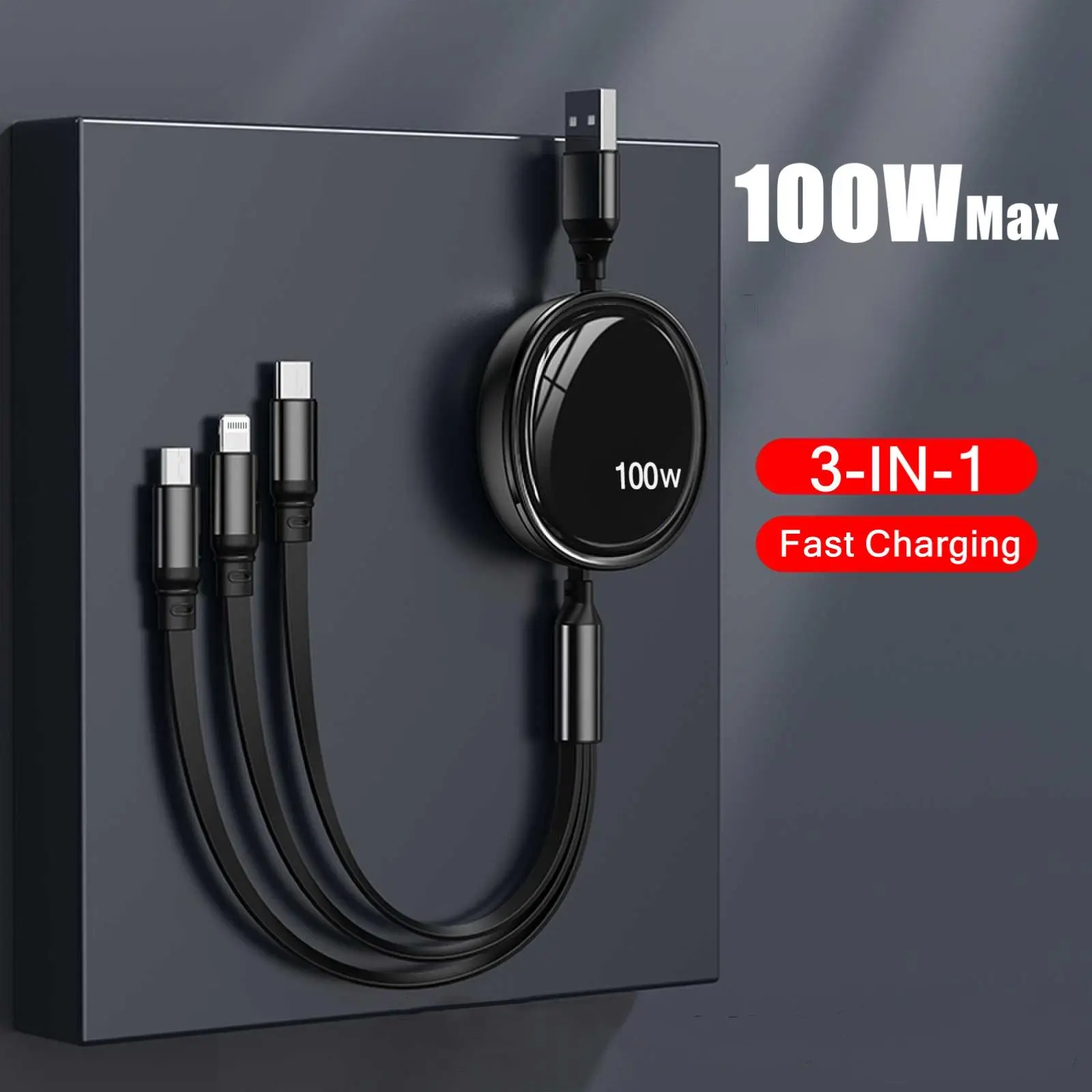100W Maximum 3-In-1 Quick USB Cable for Huawei/Honor, Retractable And Portable Charger Cable Compatible with Iphone, Samsung, And All Smartphones Using Lightning, Type C, Or Micro USB for Fast Charging