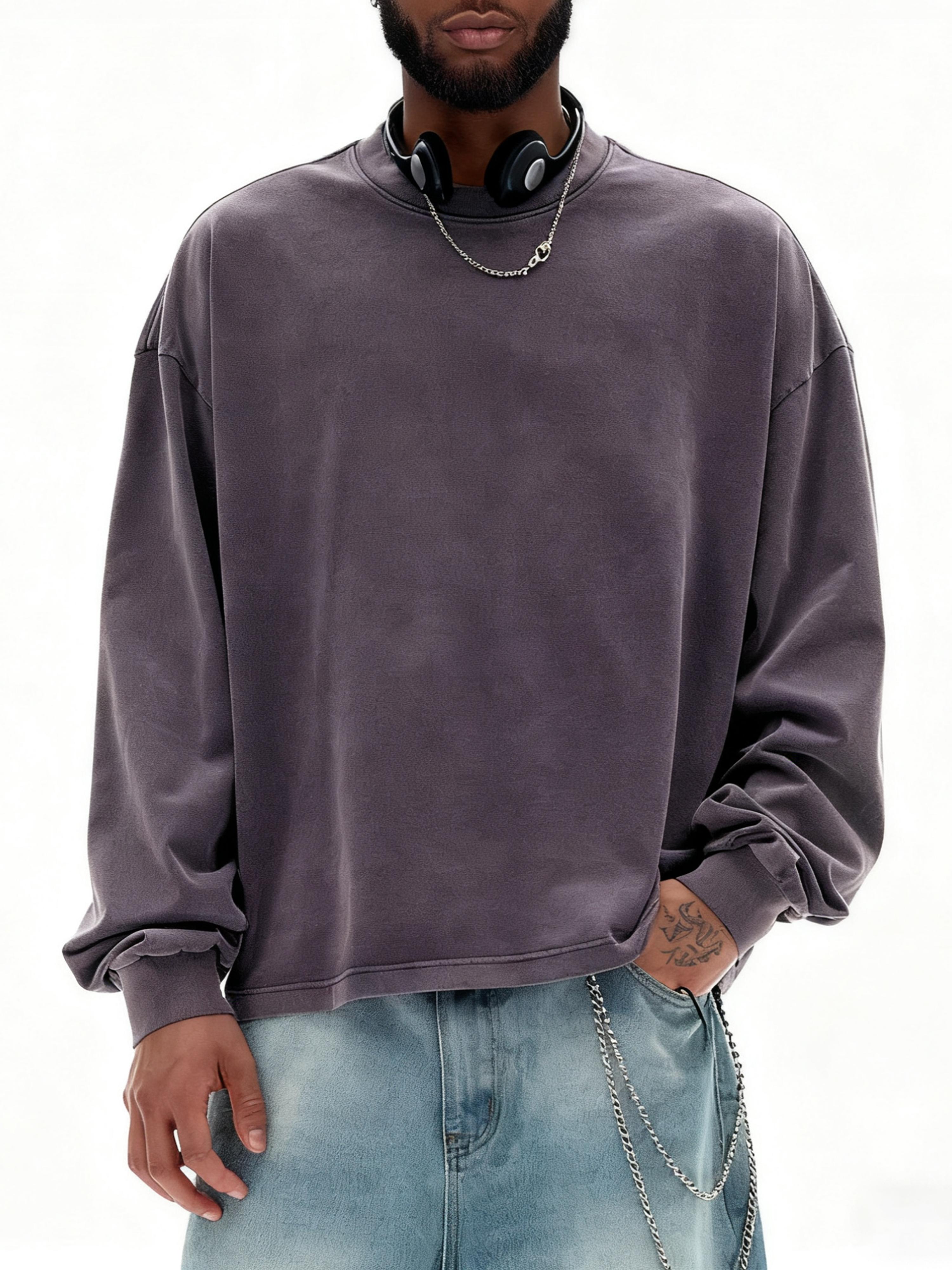 Inflation 100% Cotton 270g Cropped Boxy Fit Washed Oversize Streetwear Long Sleeve T-Shirt Autumn New American Vintage Washed Cotton Tee Short Menswear Top Tshirt Round Neck Crewneck Casual Bestie Operator Beige Plain