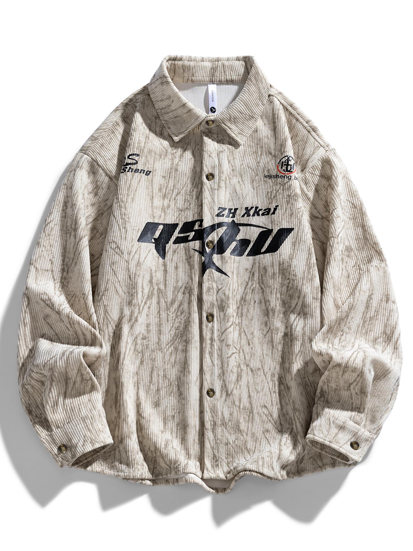 Shirt Jacket For Men American Vintage Casual Fashion Racing Style Letter Print Trendy Top