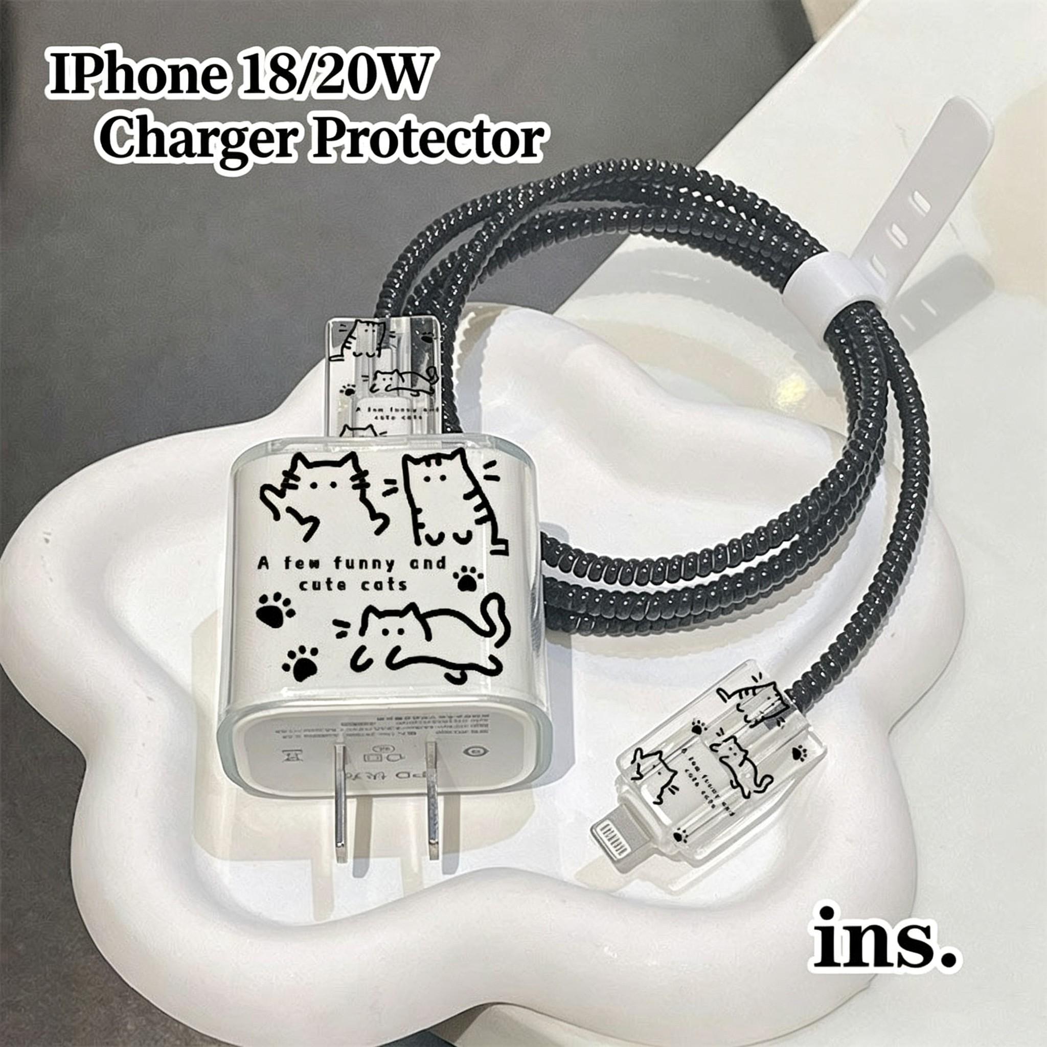 Cute Cat Charger Protection Set, Transparent Case with Paw Print Design, Spiral Cable Protector, iPhone 18w 20w PD Charging Accessories