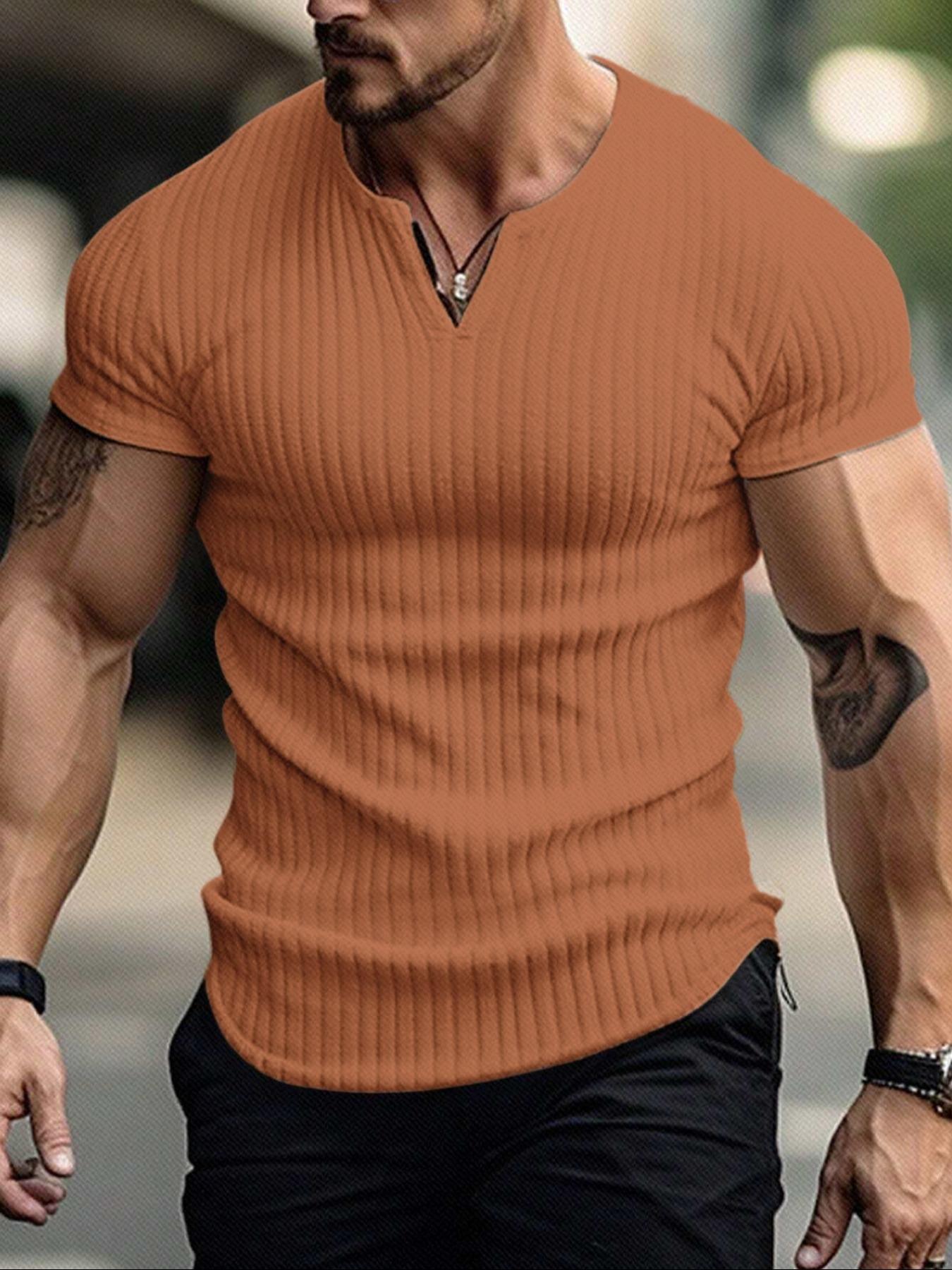 Men's Spring Summer Outfits Vertical Striped Textured V-Neck Short Sleeve T-Shirt for Daliy Wear, Gym Wear Solid Color Old Money Style, Casual Sporty Essential for Man's Wardrobe. Men's Spring Summer Outfits Vertical Striped Textured V-Neck Short Sleeve T-Shirt for Daliy Wear, Gym Wear Solid Color Old Money Style, Casual Sporty Essential for Man's Wardrobe.