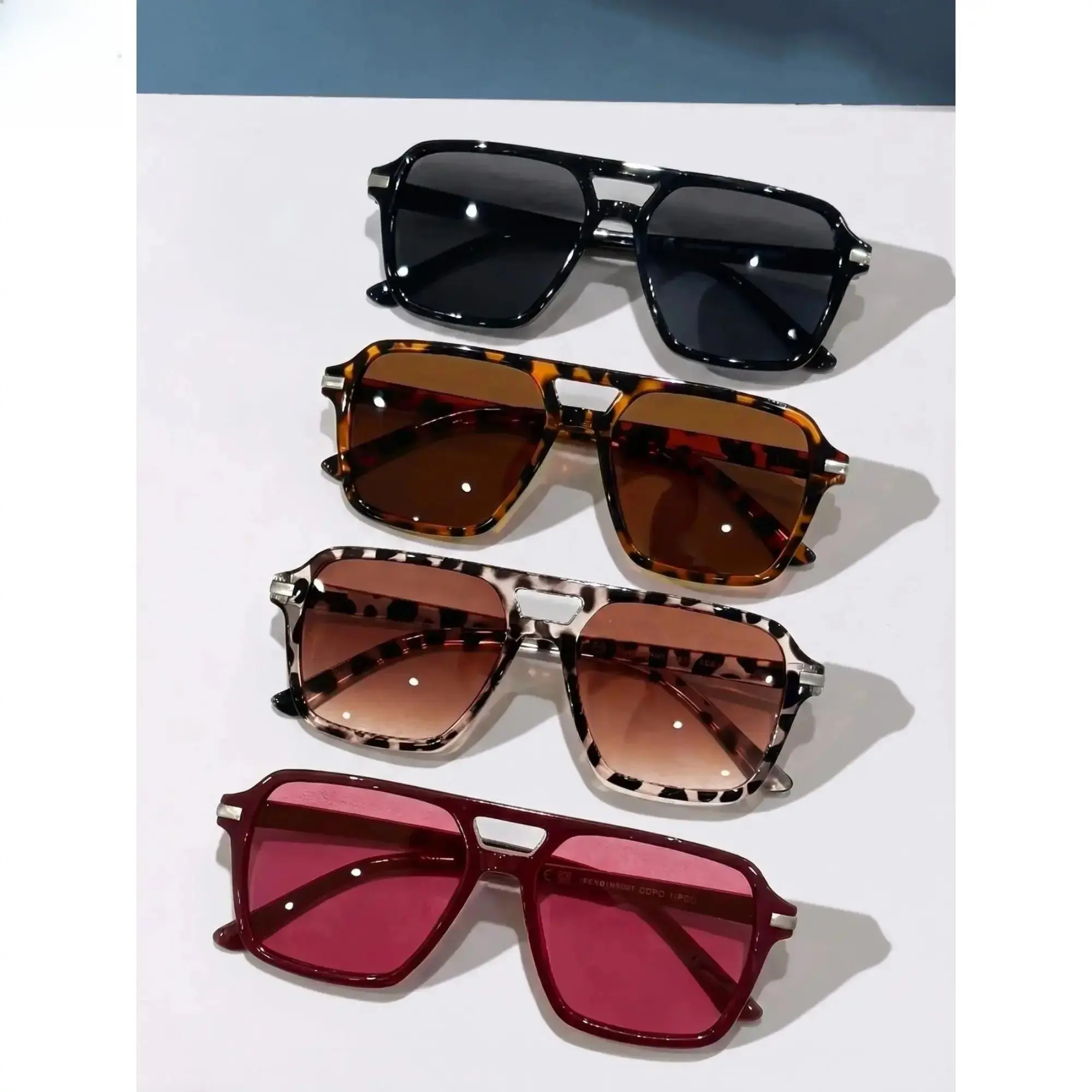 4PCS Fashion Square Pilot Sunglasses Set, Dual Bridge Retro Eyewear, Trendy Multicolor PC Frame Shades for Men & Women, UV Protection Glasses for Travel, Street Style, Vacation Photos, Driving & Daily Wear