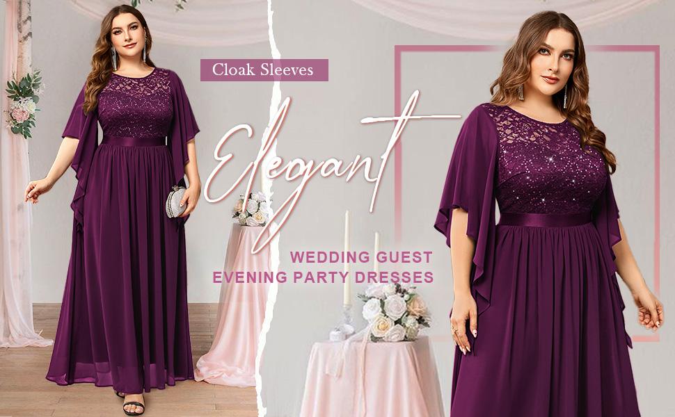 Miusol P83099 Plus Size Women's Sequin Floral Lace Chiffon Flare Sleeve Formal Dress Elegant Evening Gown All Seasons Party dress,Evening dress Normal Type  Womenswear Maxi Dress SpringStatements