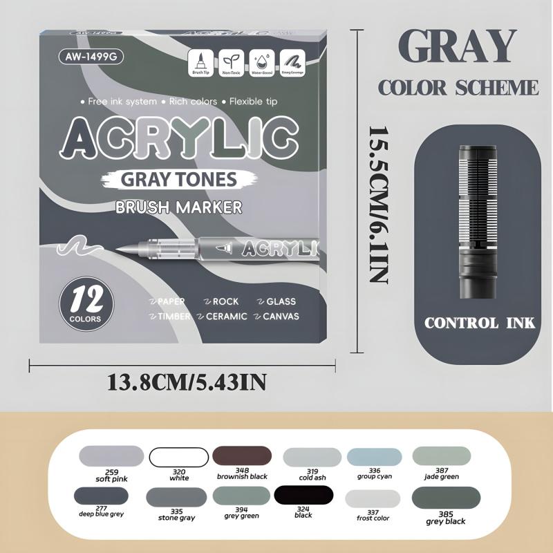 Acrylic Paint Markers, 12Pack Soft Brush Tip Acrylic Paint Pens, Professional Color System,Quick-Drying Waterproof Ink, for Rock Painting Plastic Wood Canvas Glass Ceramic Metal Art Drawing Supplies Art Crafts Supplies Christmas Gift