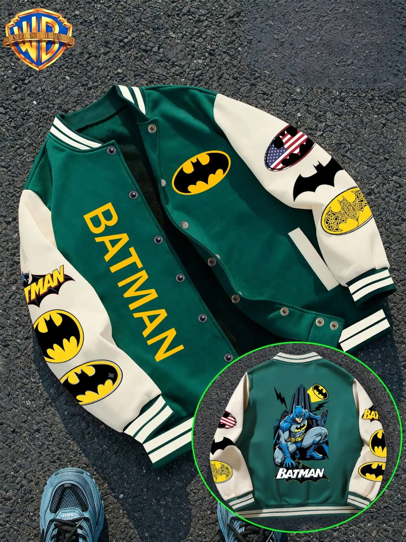 Wb Warner Bros. Batman Varsity Jacket, Men Women Classic Cartoon Graphic, Casual Streetwear, Button Down Bomber Outwear, All over Print