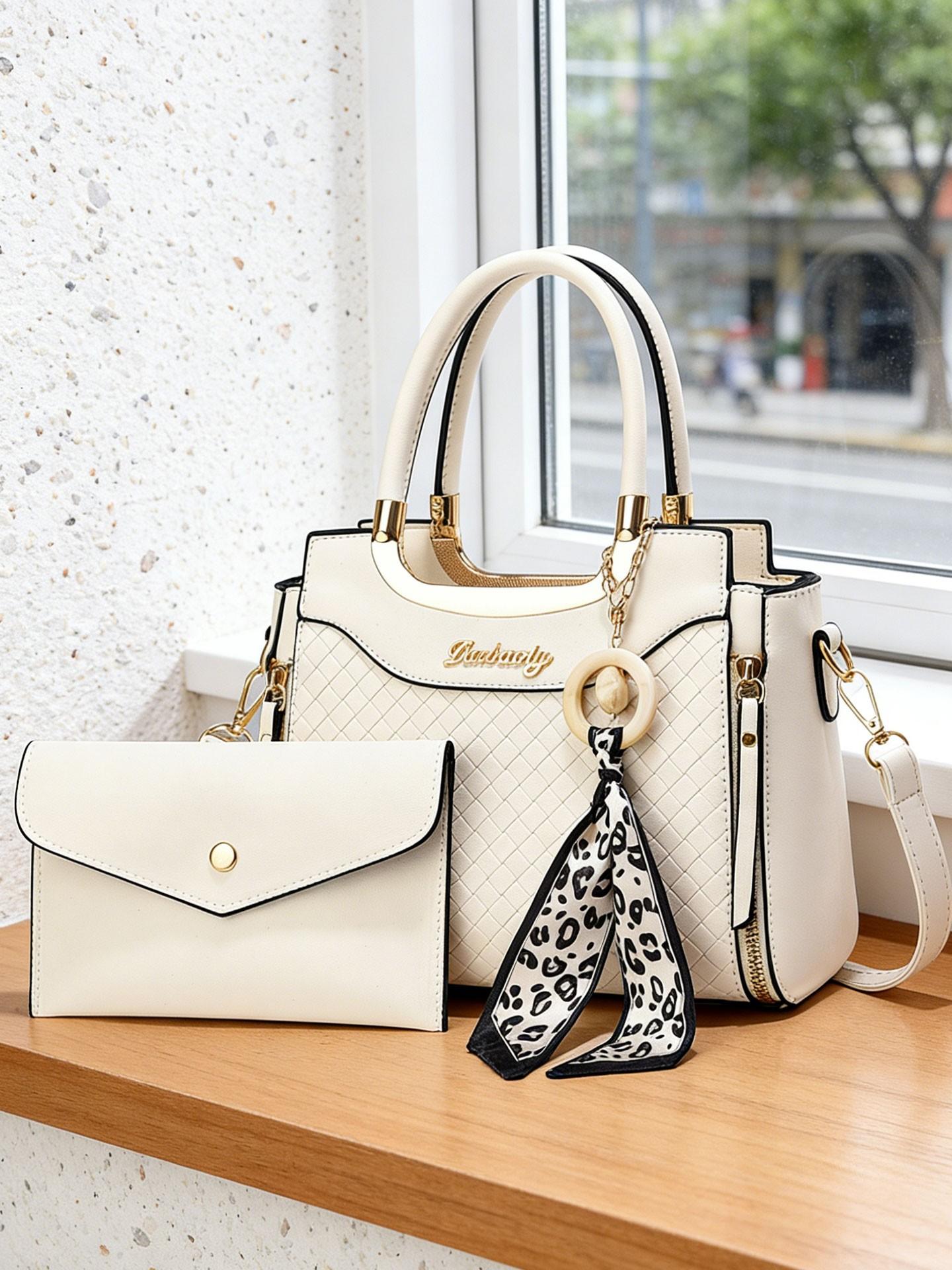 Elegant Women's Handbag Set, High-Quality Diamond Weave Design, Leopard Print Scarf Decoration, Large Capacity Shoulder Bag