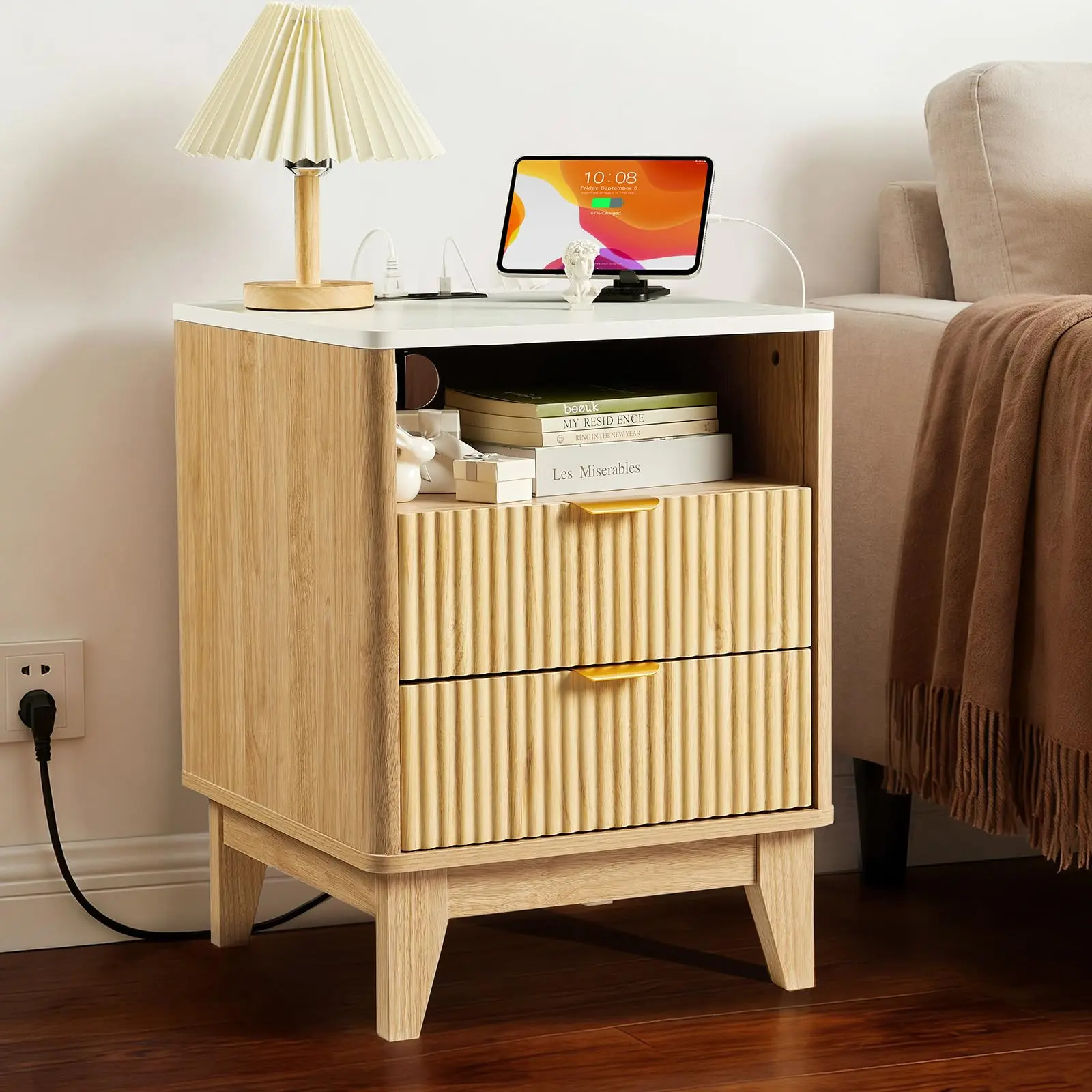 Garvee Bedside Cabinet with USB Charging Station & Faux Marble Top – Modern Oak 2-Drawer Nightstand with Steel Frame for Bedroom Living room Small Spaces