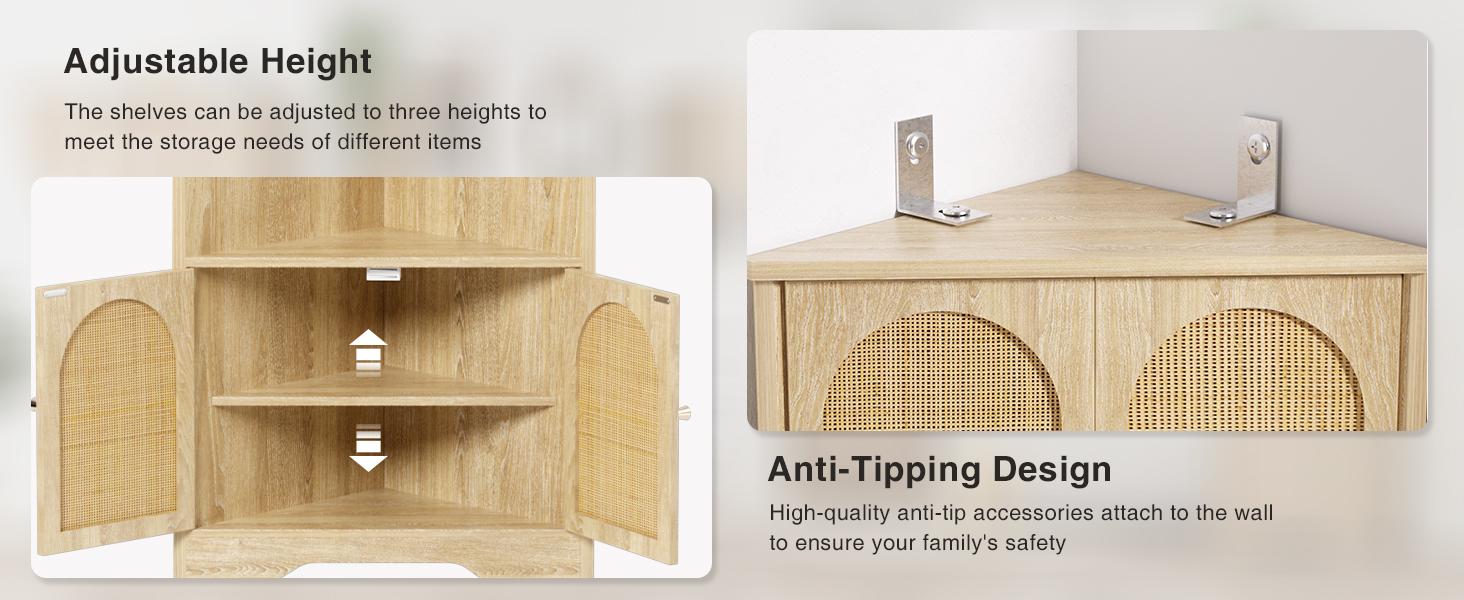 Vabches 67'' Tall Corner Cabinet with Handmade Rattan Doors, Rattan Storage Cabinet with Adjustable Shelves, Corner Bookshelf Space Saver for Barthroom, Living Room, Kitchen, Natural