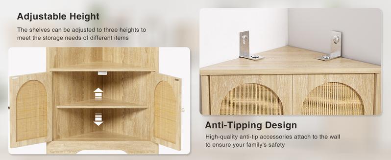 Vabches 67'' Tall Corner Cabinet with Handmade Rattan Doors, Rattan Storage Cabinet with Adjustable Shelves, Corner Bookshelf Space Saver for Barthroom, Living Room, Kitchen, Natural