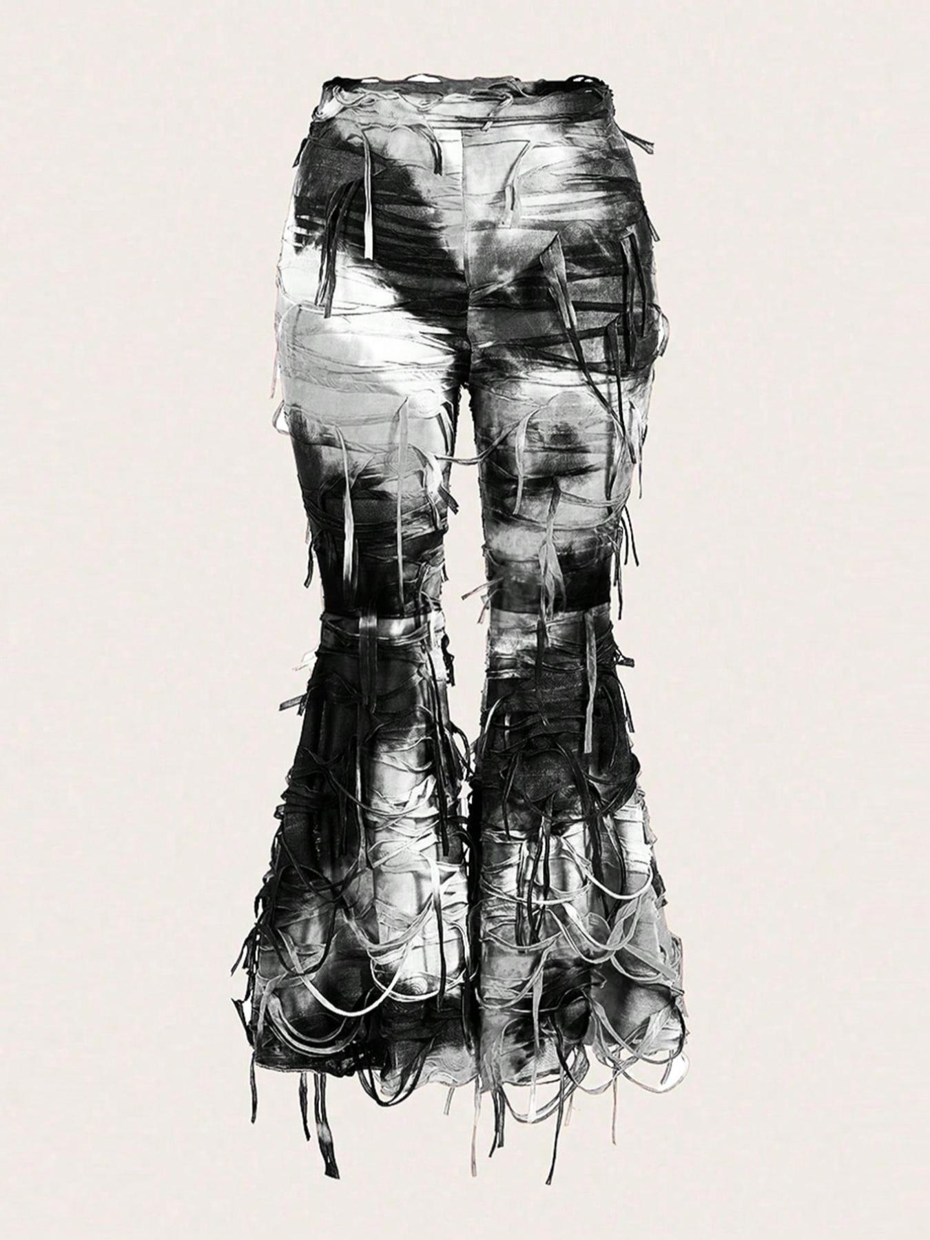 【Plus Size】 Tie Dye Ripped Flare Leg Leggings, Casual Comfy Bell Bottom Pants for Daily Wear, Women's Bottoms for All Seasons