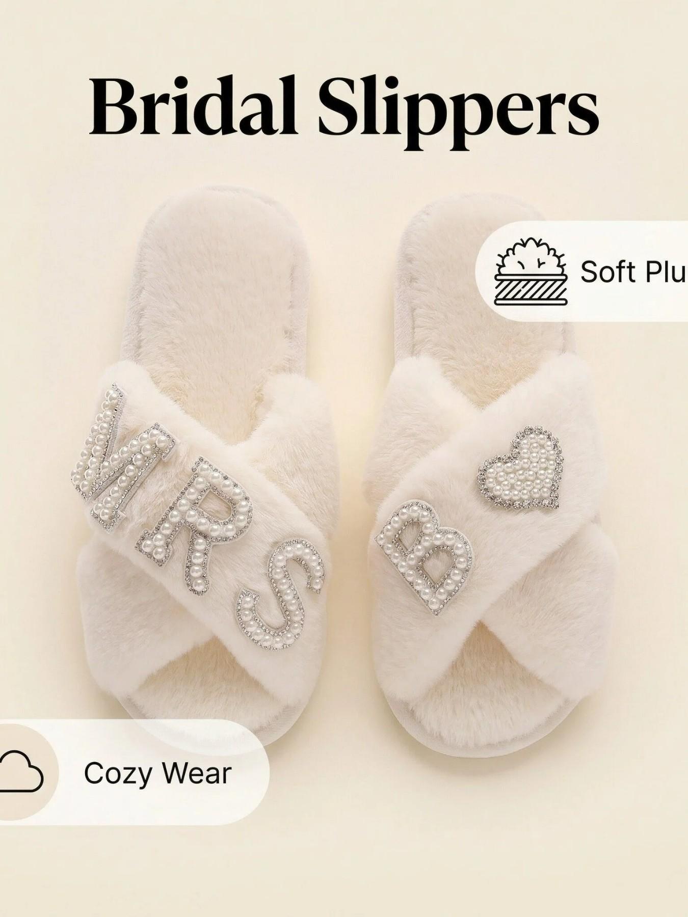 Customizable Wedding Slippers for Bride and Bridesmaids, Elegant X-Strap Fuzzy House Slippers with Pearls and Rhinestones, Casual Indoor Shoes