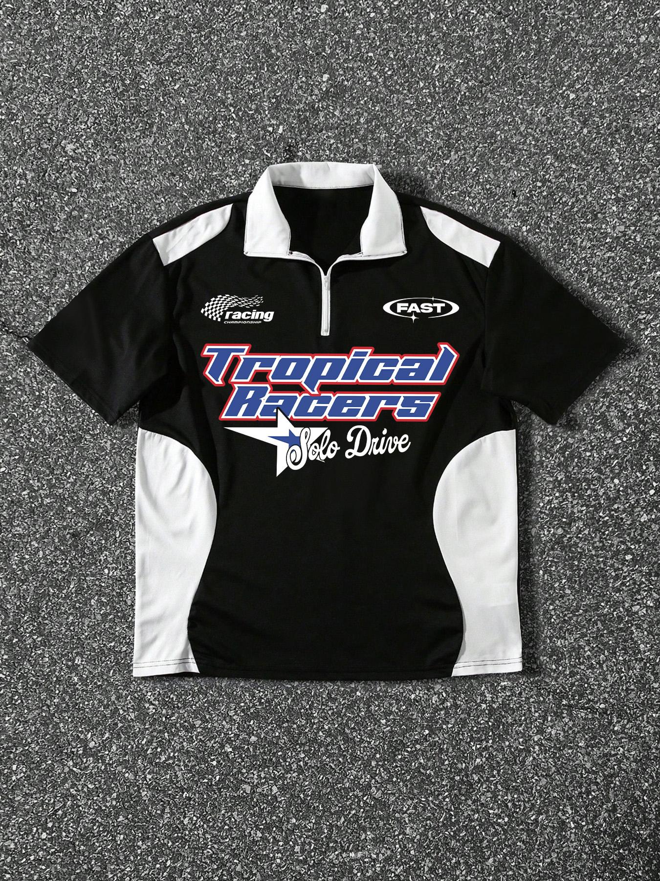 Men's Patchwork Half-Zip Polo Shirt, Racing Style Trendy Design, Perfect for Daily Wear or Unique