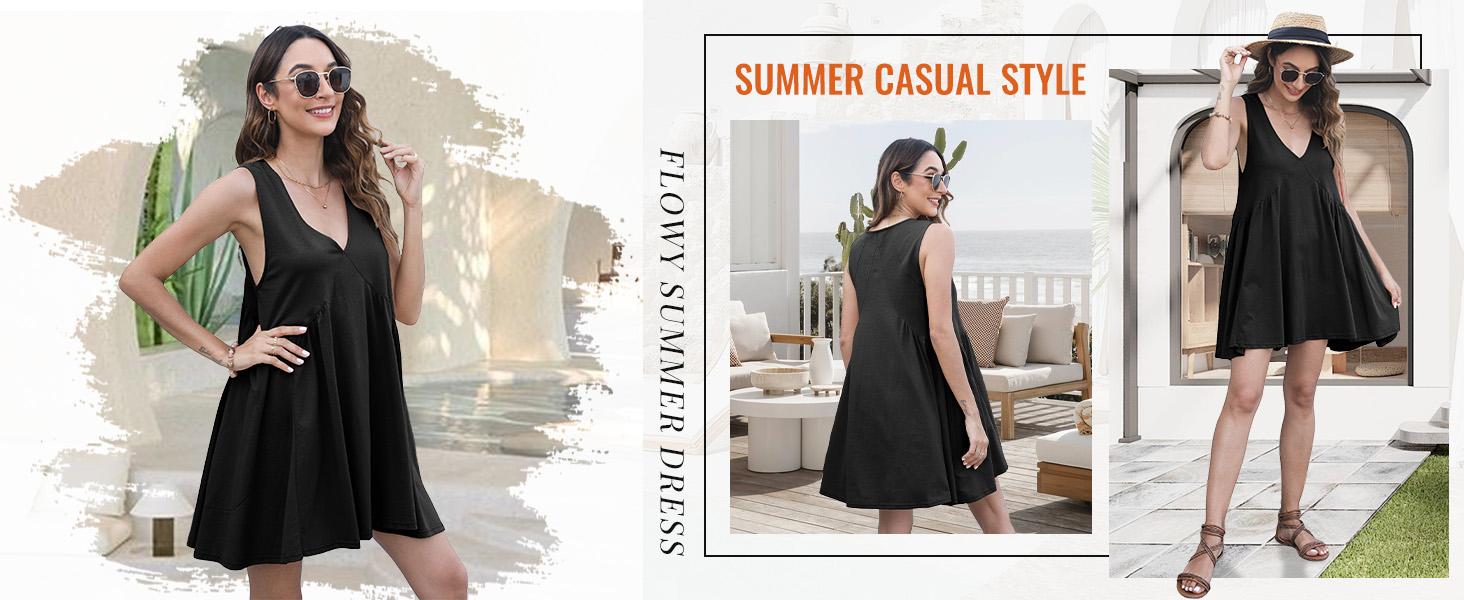 Women's V-Neck Tank Sundress Summer Sleeveless A-Line Mini Dress Casual Loose Dresses with Pockets
