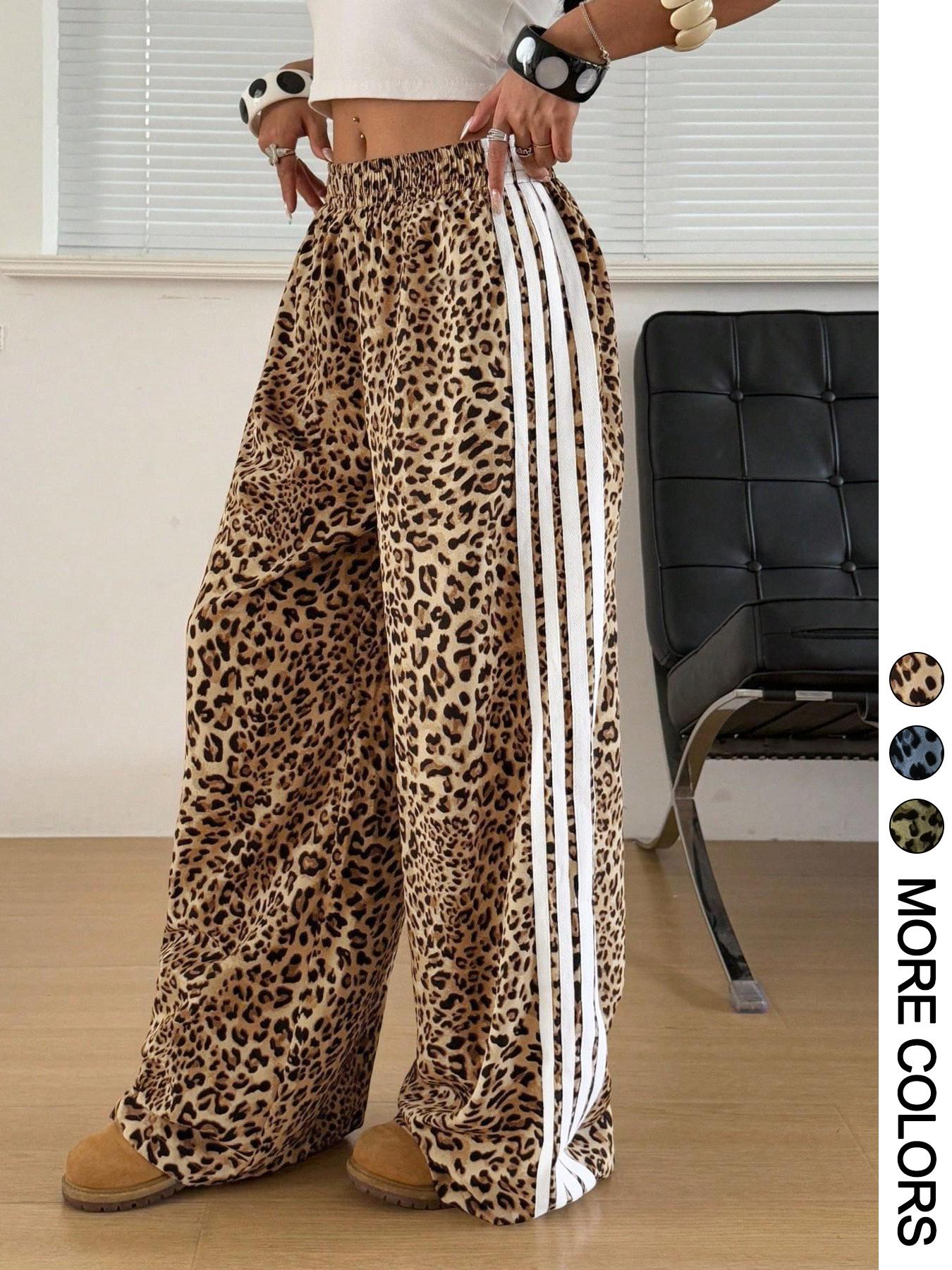 1 Piece Leopard Print Side Stripe Wide Leg Pants, Spring Summer Fall All-Season Wear, Elastic High Waist Loose Fit Trousers for Women, Y2K Streetwear, Casual Comfy Baggy Pants for Daily/Street Style, Casual Palazzo Pants, Casual Fashion Pants