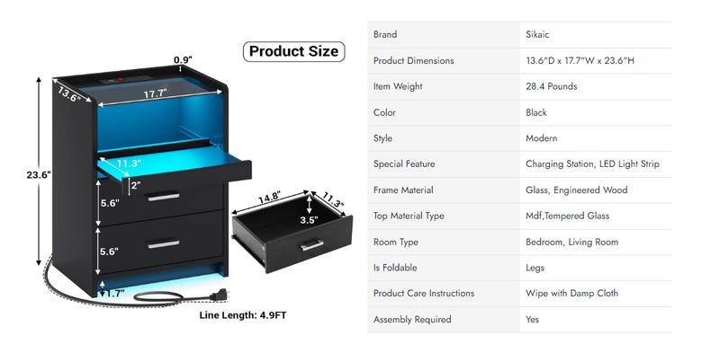 Sikaic LED Nightstand With Charging Station Drawers Modern End Table Bedside Cabinet